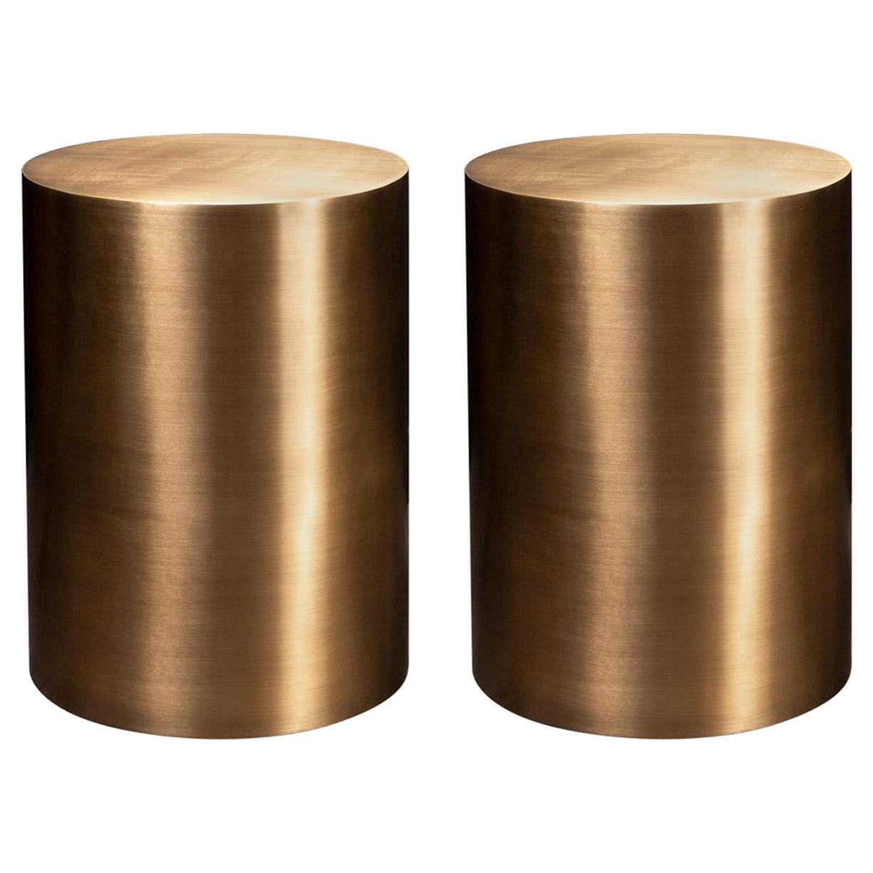 Pair of Brass Metal Cylindrical Side Tables For Sale at 1stDibs