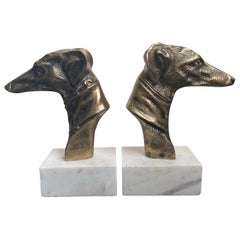 Pair of Brass Metal Greyhound Dog Bookends w White Marble Bases