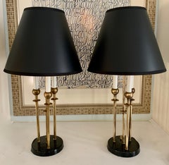 Pair of Brass Midcentury Candle Stick Lamps with Shades