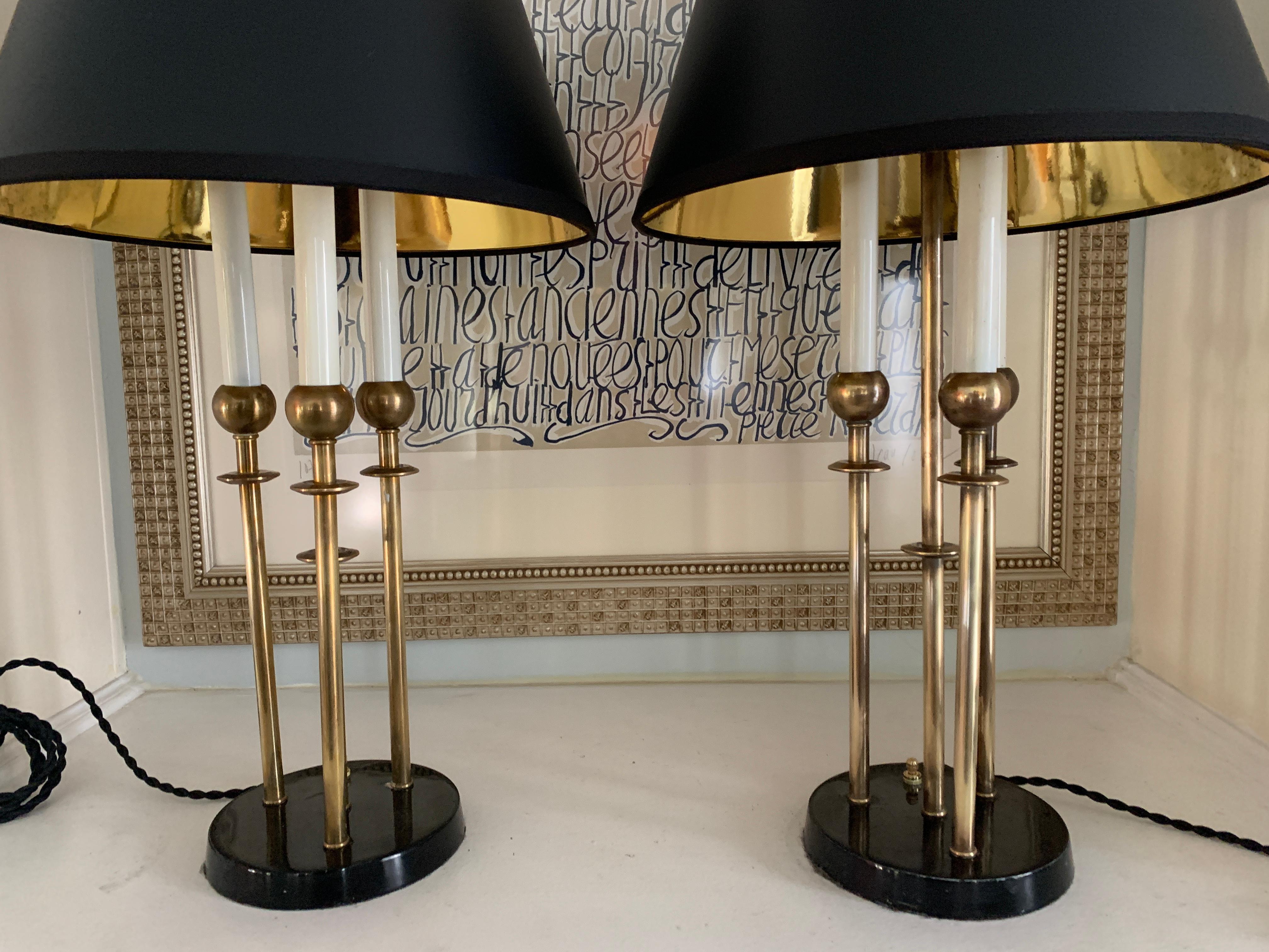 Pair of Brass Midcentury Candle Stick Lamps with Shades In Good Condition In Los Angeles, CA
