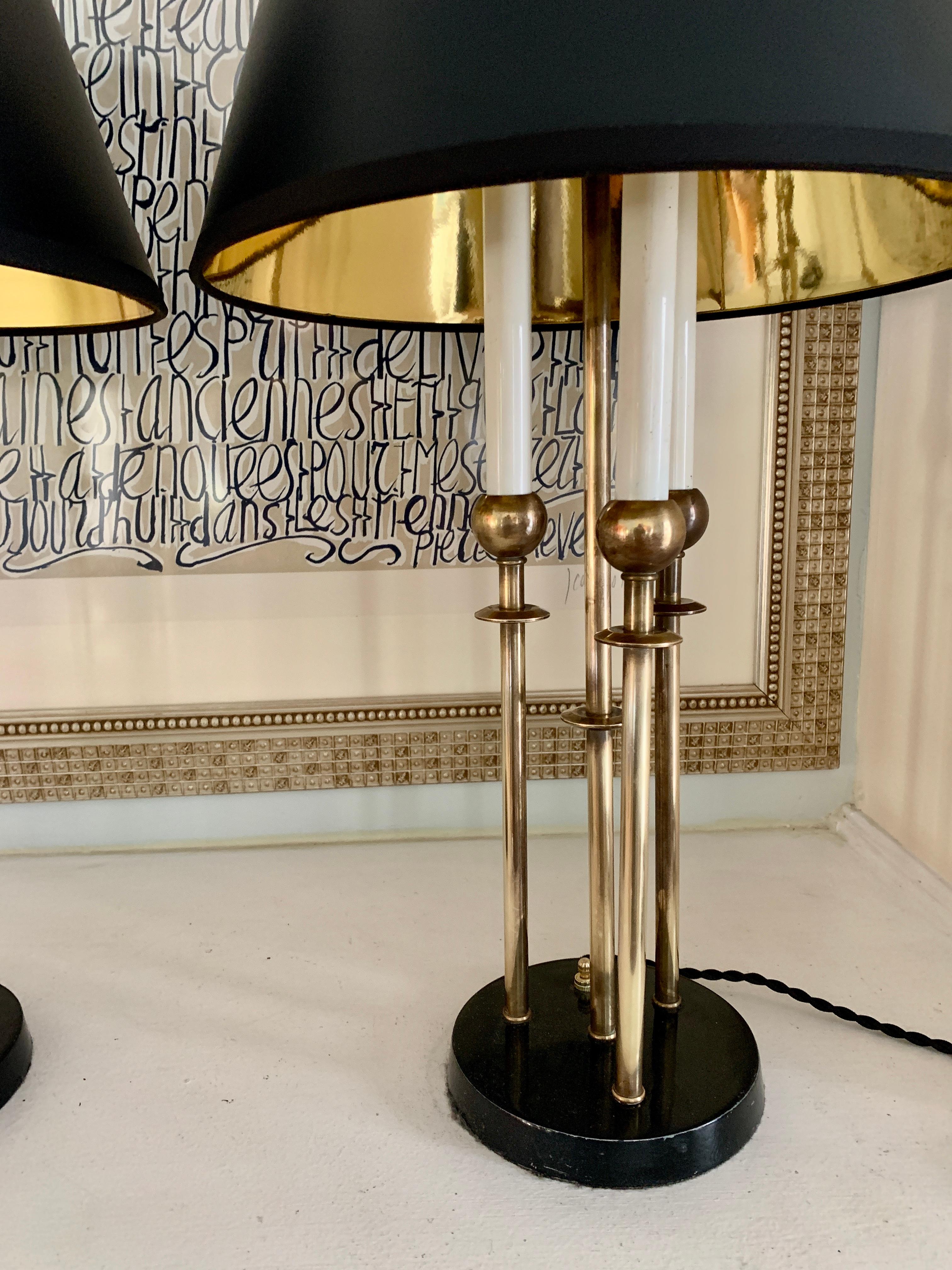 20th Century Pair of Brass Midcentury Candle Stick Lamps with Shades