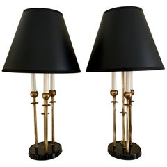 Pair of Brass Midcentury Candle Stick Lamps with Shades