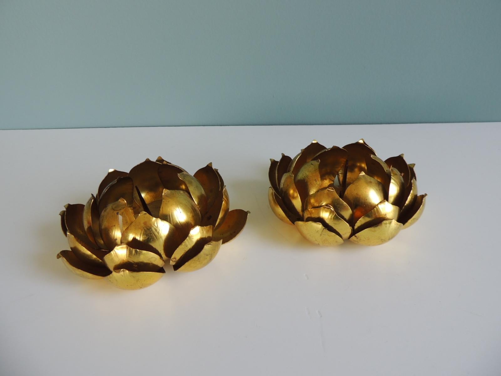 Pair of brass Mid-Century Modern lotus flowers candle holders.
Size: 6