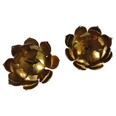 Pair of Brass Mid-Century Modern Lotus Flowers Candle Holders