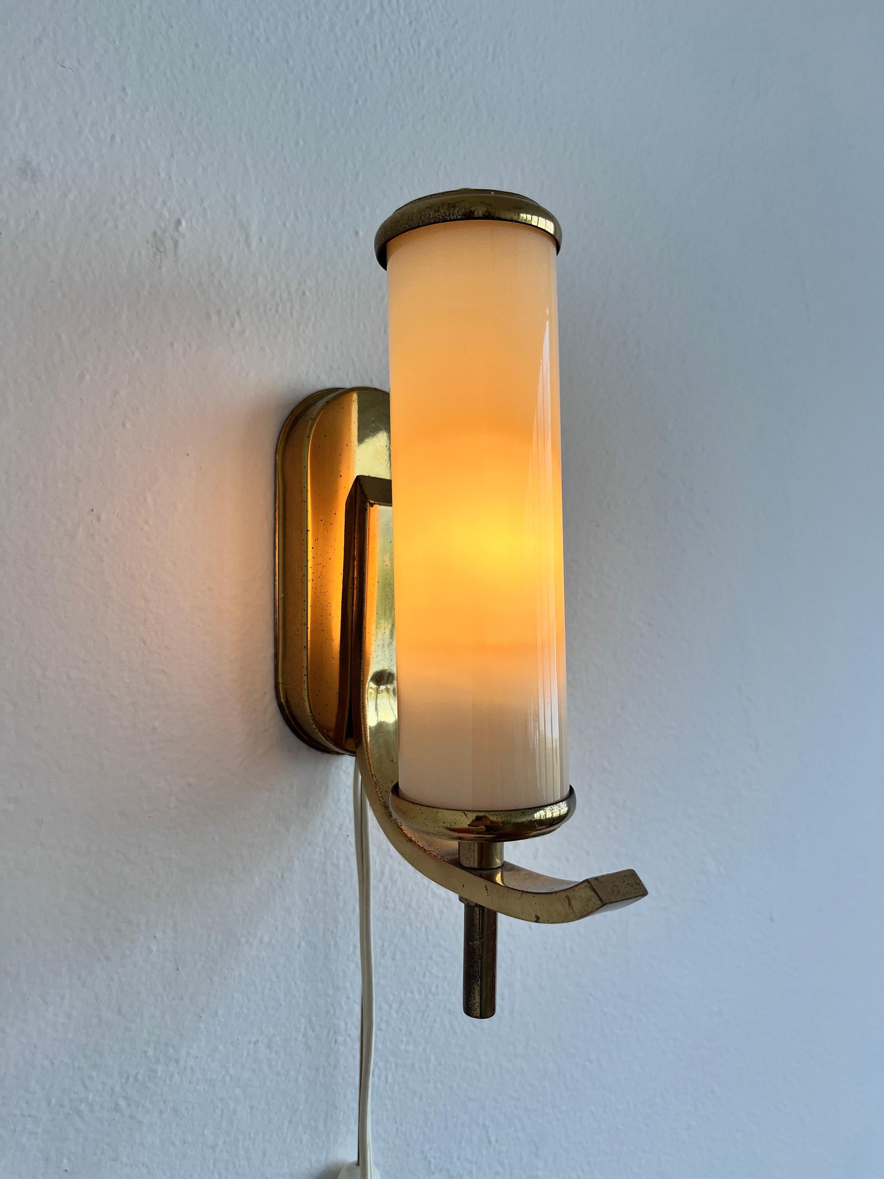 Czech Pair of brass milk glass Bauhaus / Art deco Wall Lamps - 1930s 