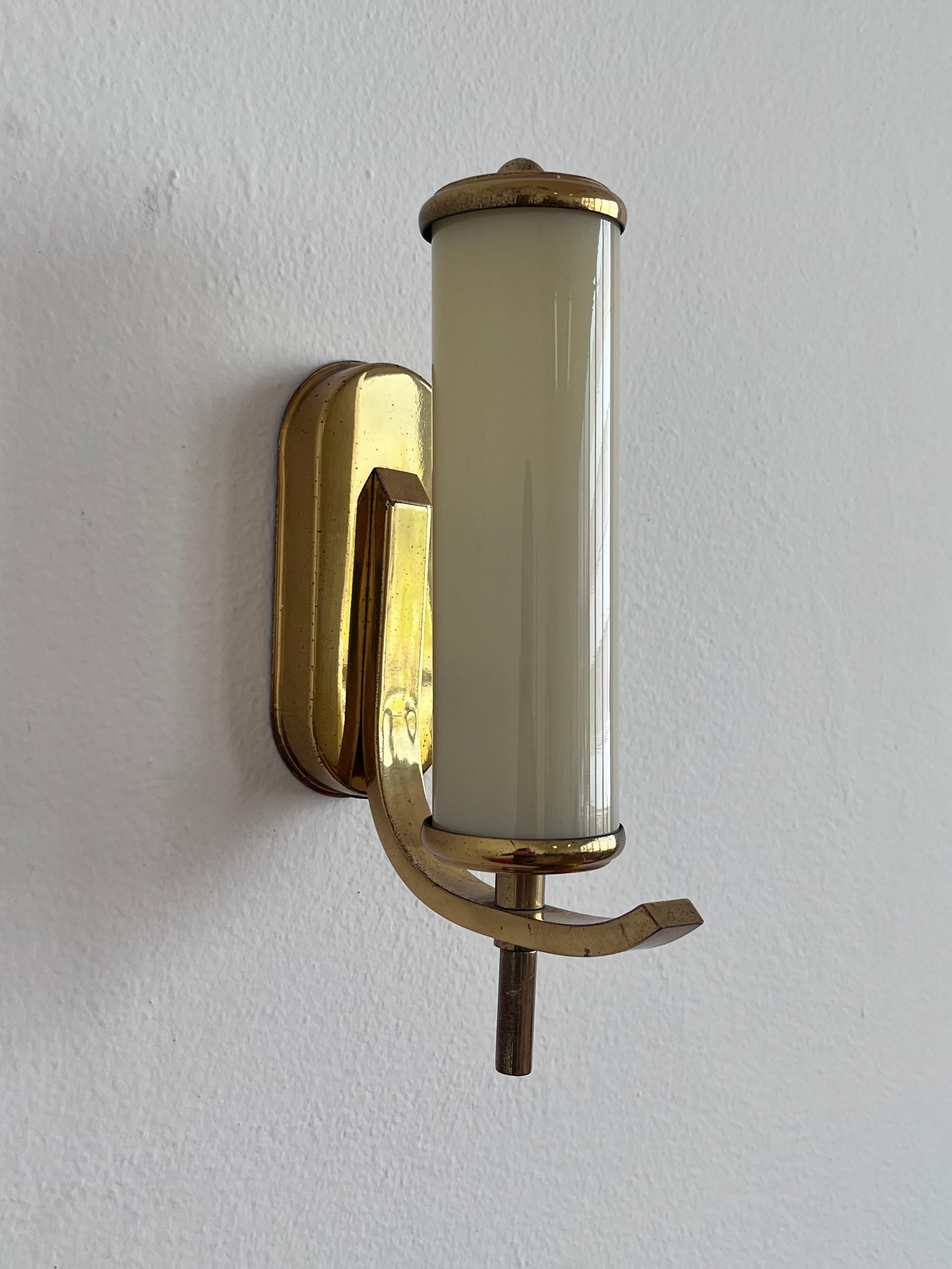 Brass Pair of brass milk glass Bauhaus / Art deco Wall Lamps - 1930s 