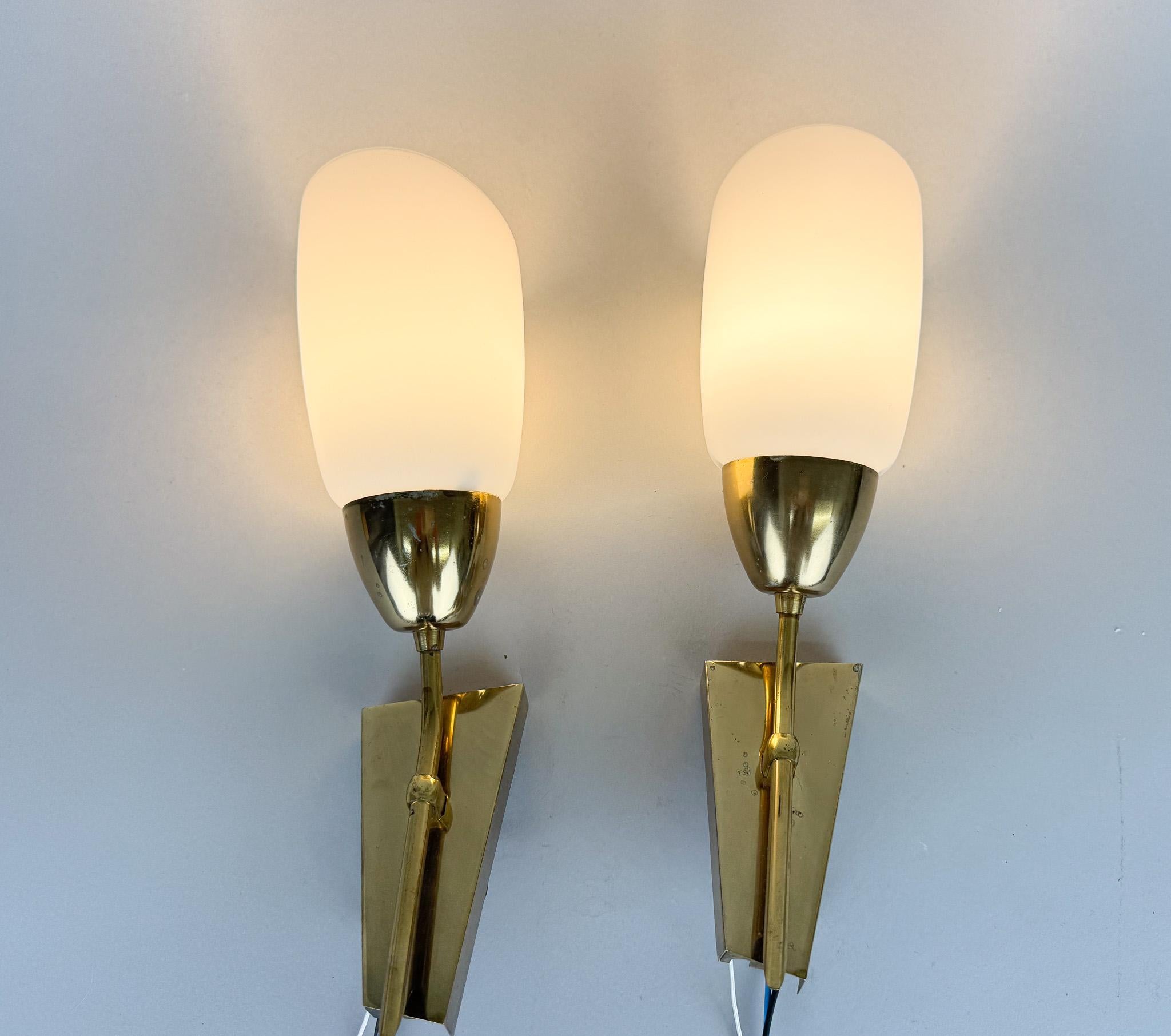 Mid-Century Modern Pair of Brass & Milk Glass Wall Lamps by Kamenický Šenov Glassworks, 1960's For Sale