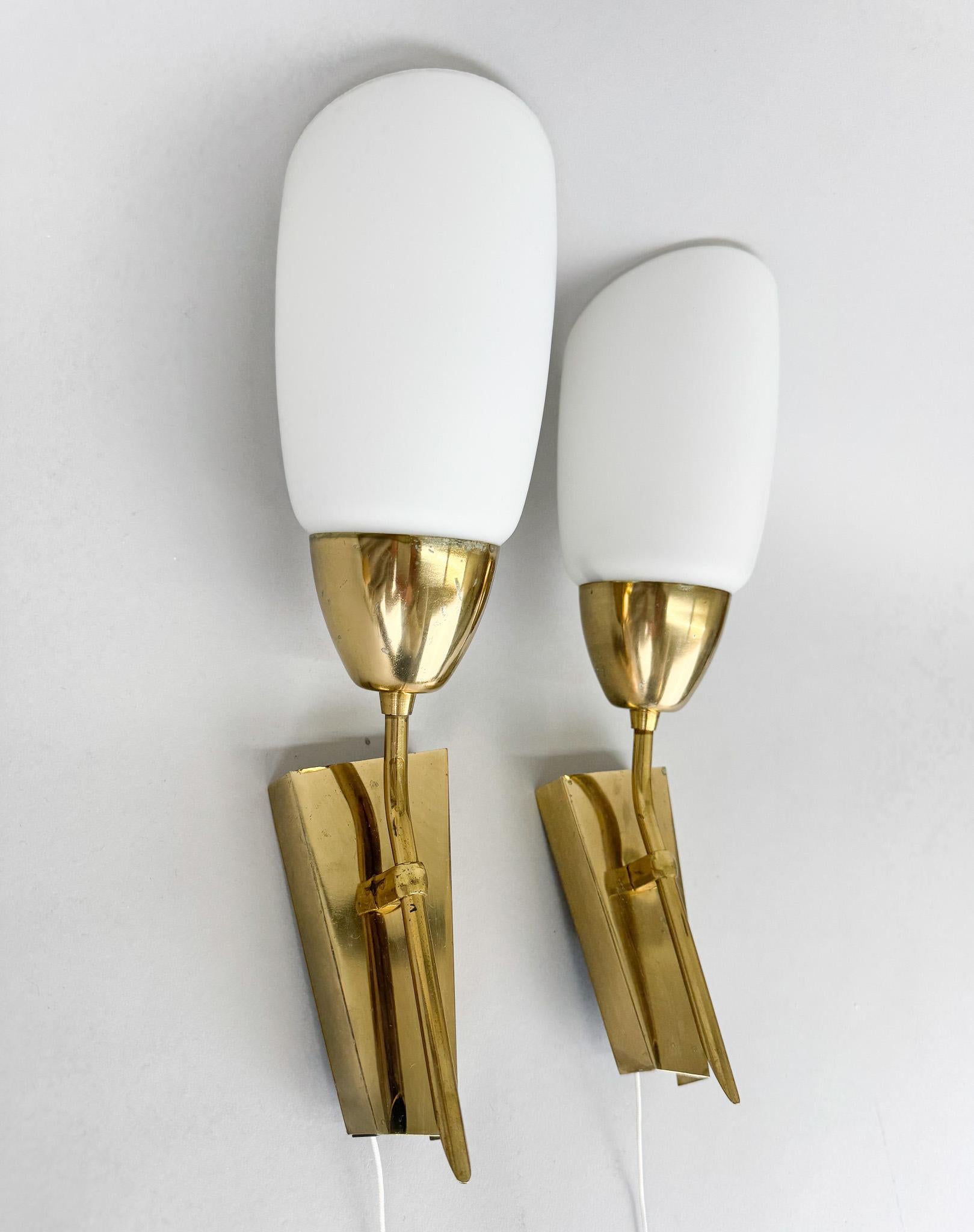 Czech Pair of Brass & Milk Glass Wall Lamps by Kamenický Šenov Glassworks, 1960's For Sale