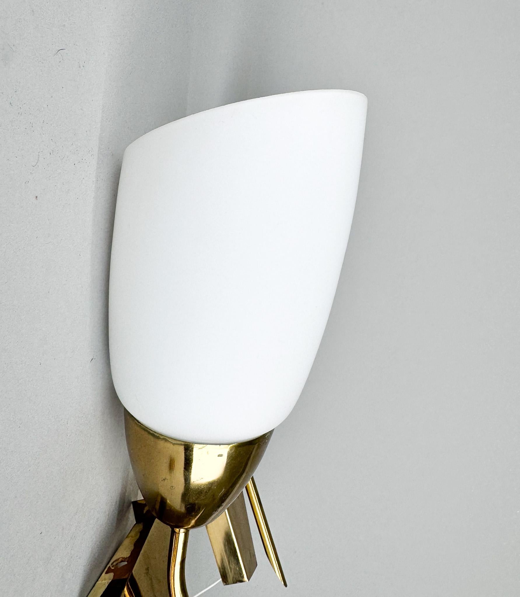 Pair of Brass & Milk Glass Wall Lamps by Kamenický Šenov Glassworks, 1960's In Good Condition For Sale In Praha, CZ