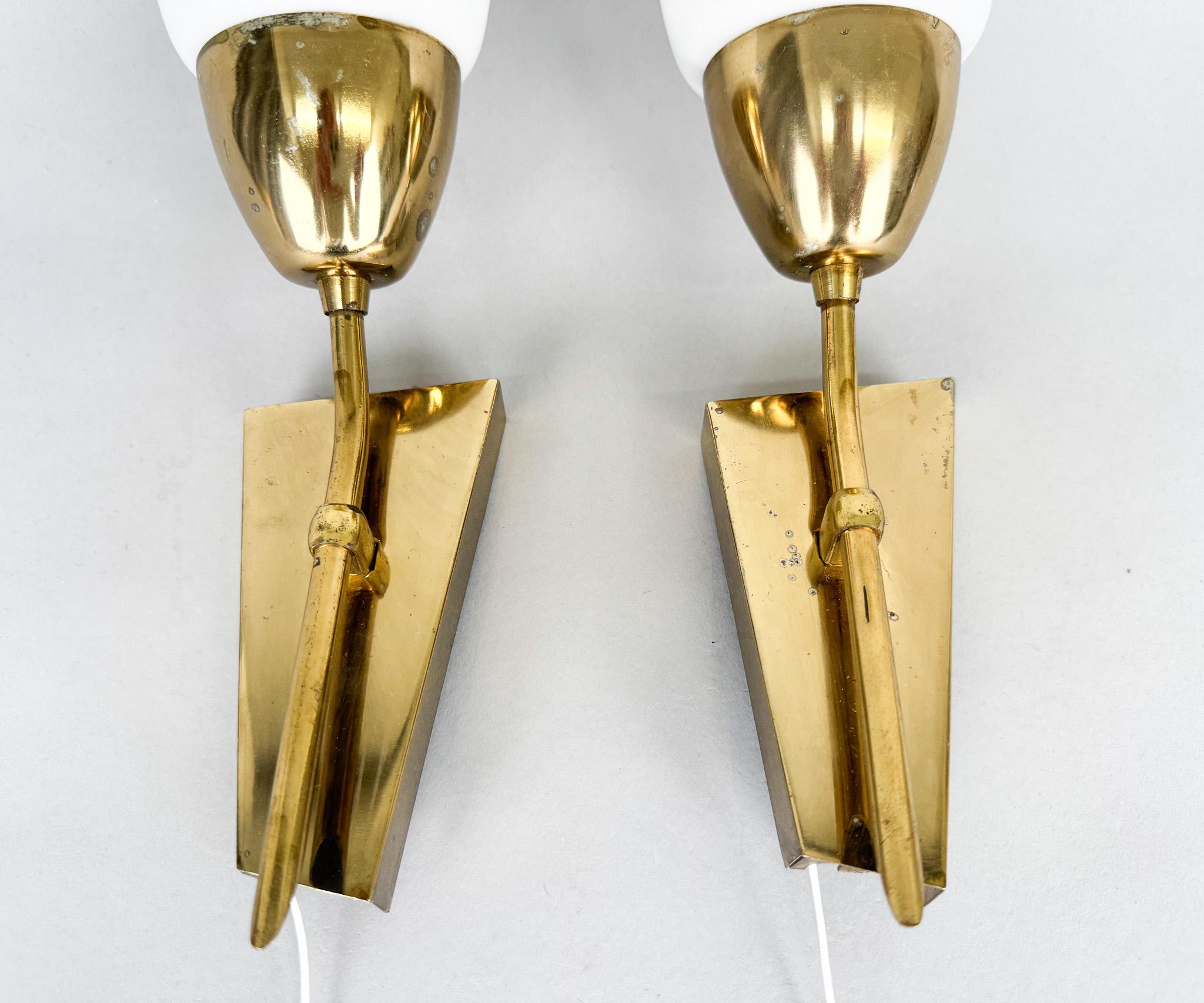20th Century Pair of Brass & Milk Glass Wall Lamps by Kamenický Šenov Glassworks, 1960's For Sale