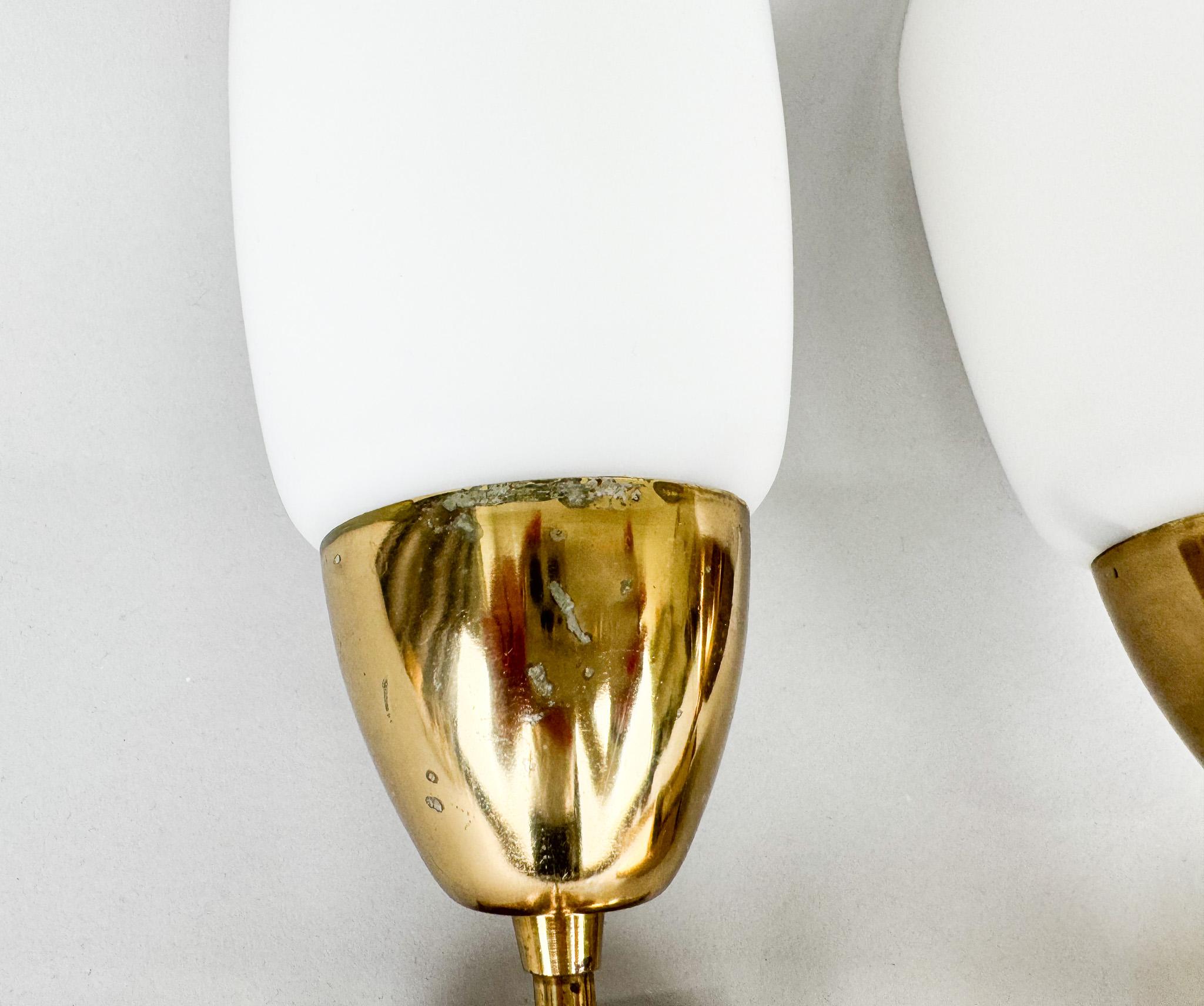 Pair of Brass & Milk Glass Wall Lamps by Kamenický Šenov Glassworks, 1960's For Sale 1