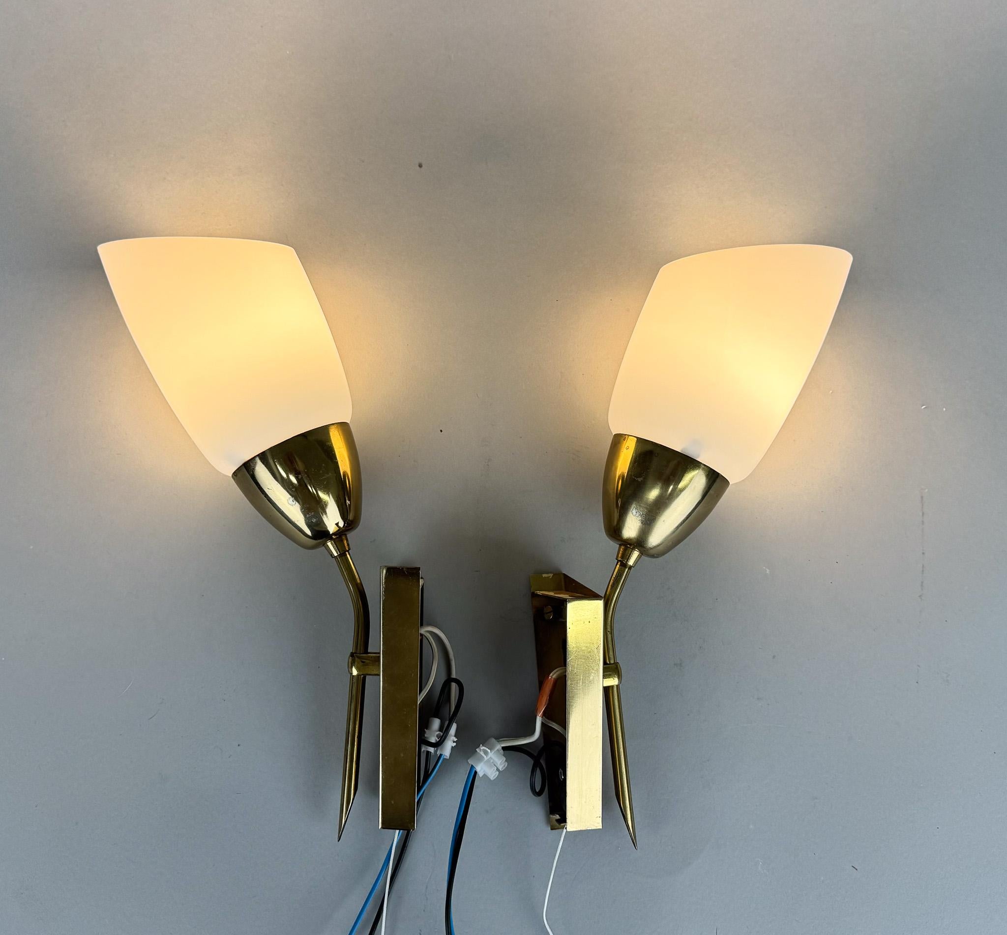 Pair of Brass & Milk Glass Wall Lamps by Kamenický Šenov Glassworks, 1960's For Sale 3