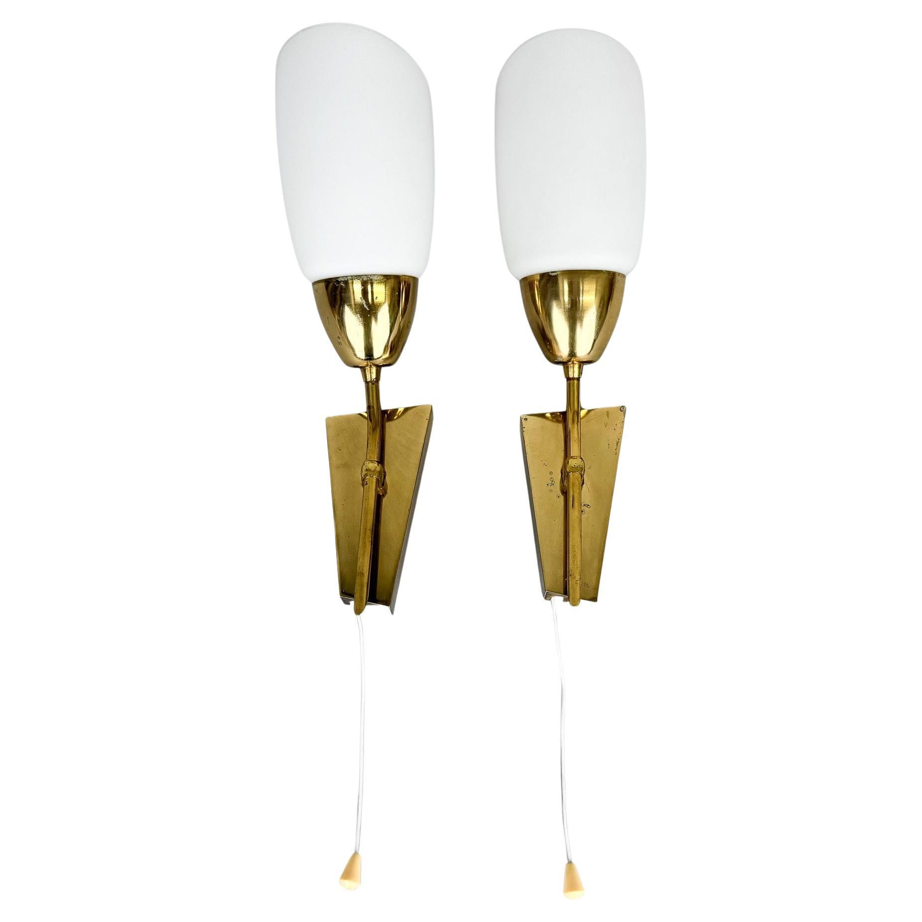 Pair of Brass & Milk Glass Wall Lamps by Kamenický Šenov Glassworks, 1960's For Sale