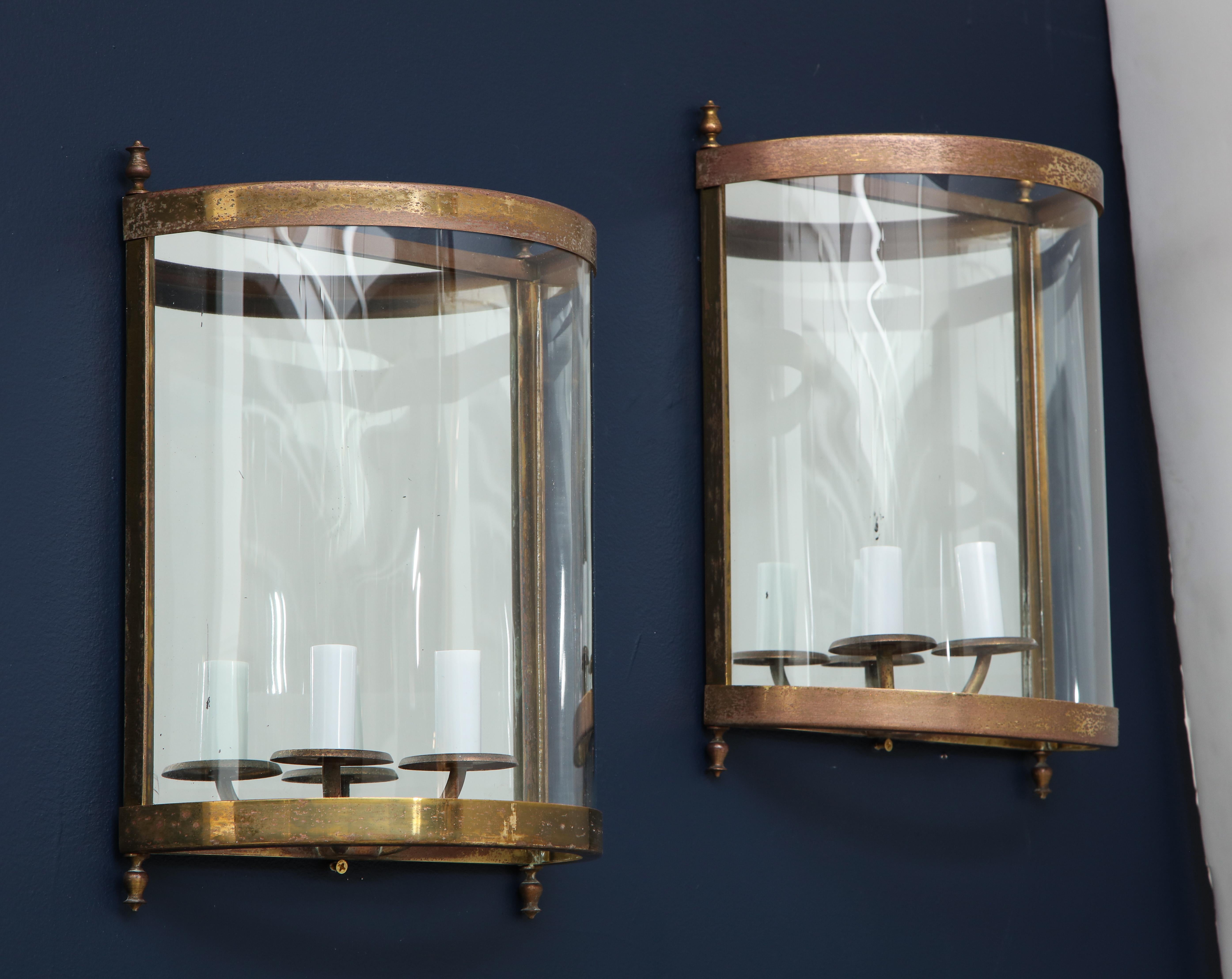 French Pair of Brass Mirror and Glass Neoclassical Sconces, France, 1960s For Sale