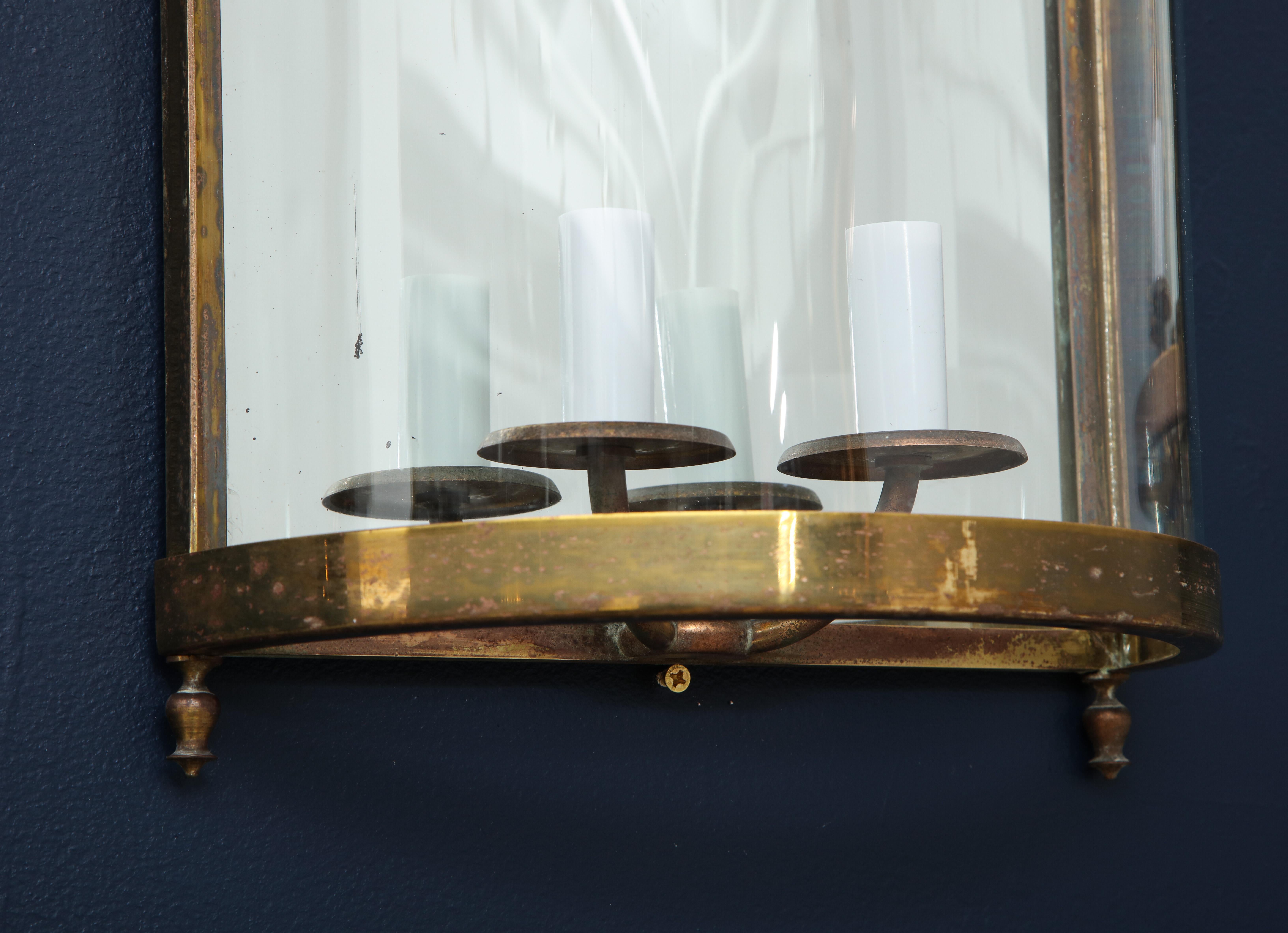 Mid-20th Century Pair of Brass Mirror and Glass Neoclassical Sconces, France, 1960s For Sale