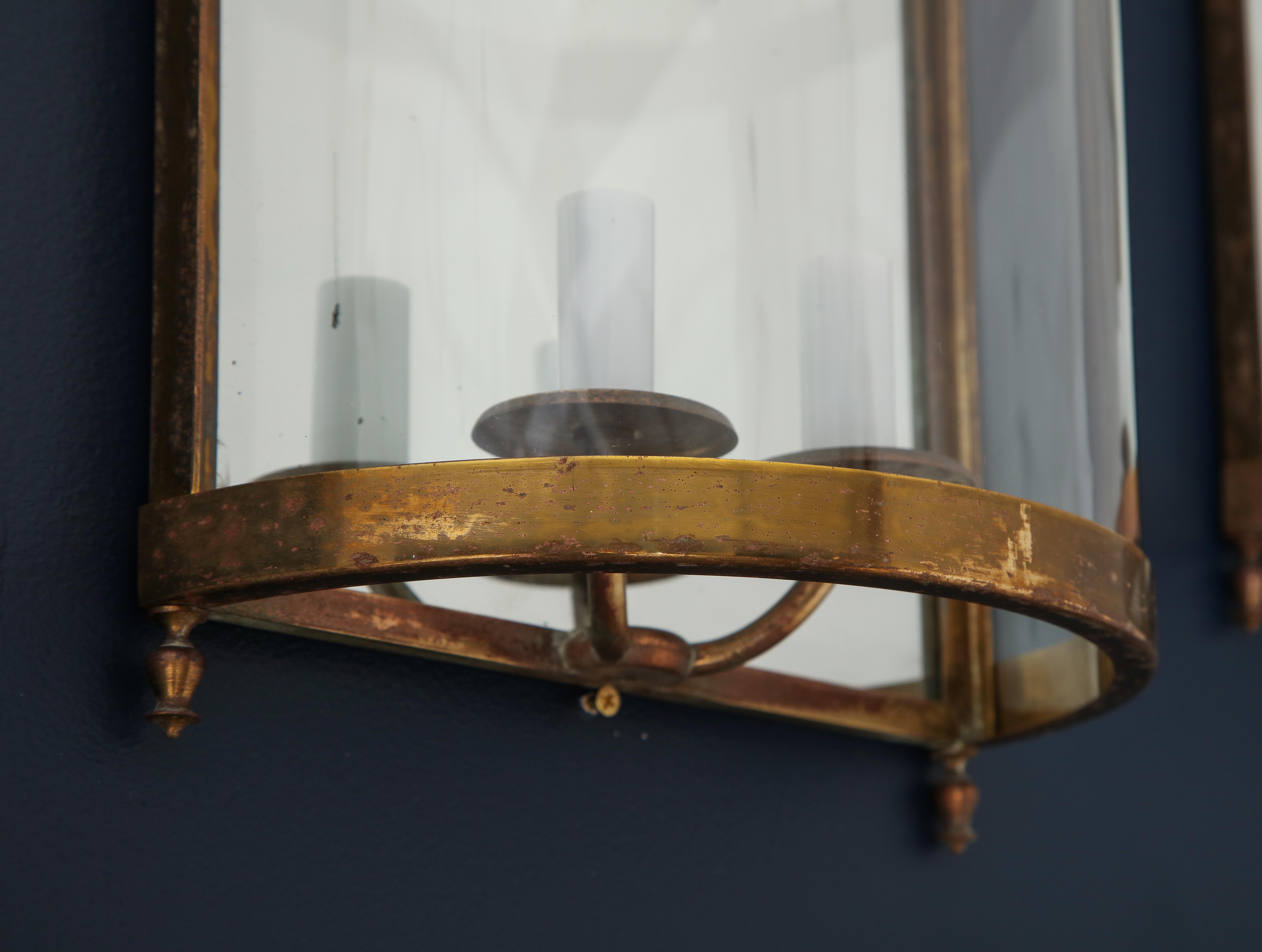 Pair of Brass Mirror and Glass Neoclassical Sconces, France, 1960s For Sale 3