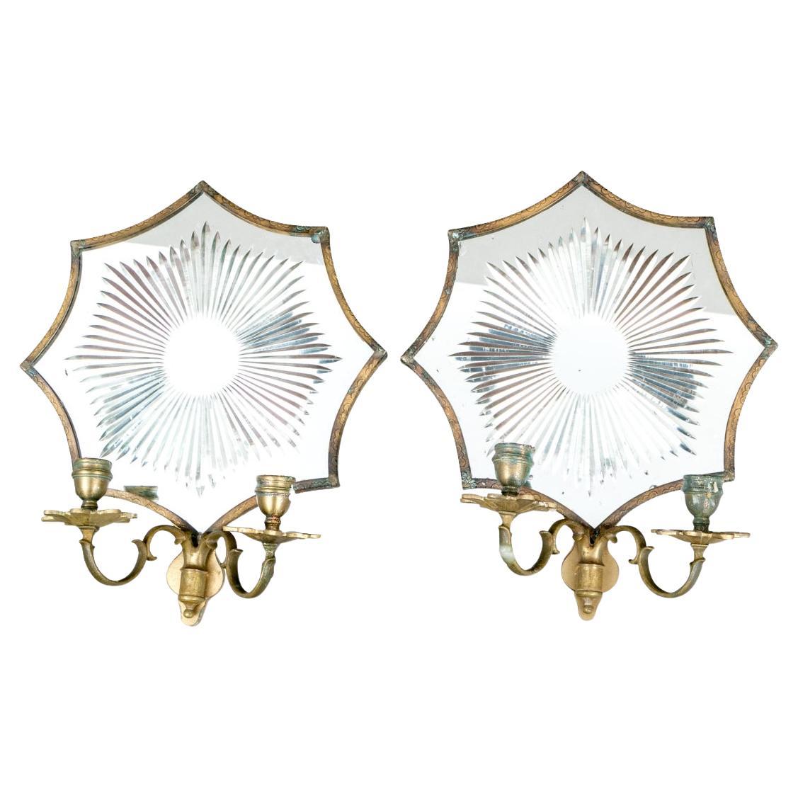 Pair Of  Brass Mirrored Wall Candle Sconces Attributed to  Edward Caldwell