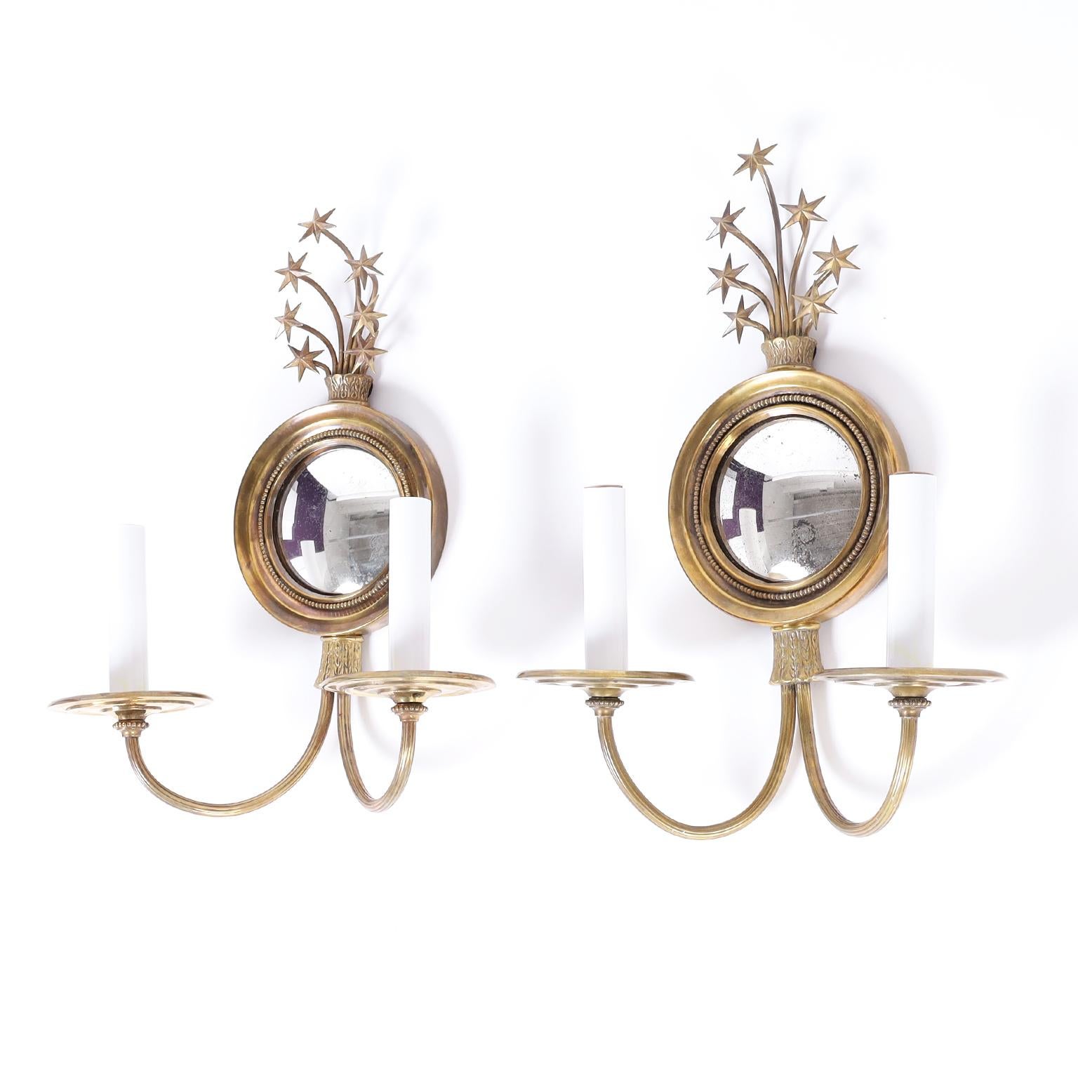 Federal Pair of Brass & Mirrored Wall Sconces with Stars