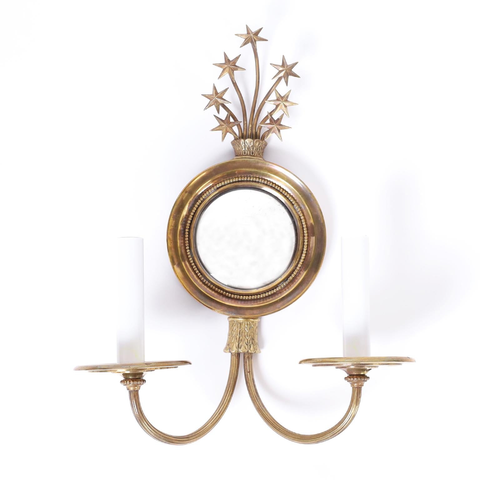 American Pair of Brass & Mirrored Wall Sconces with Stars