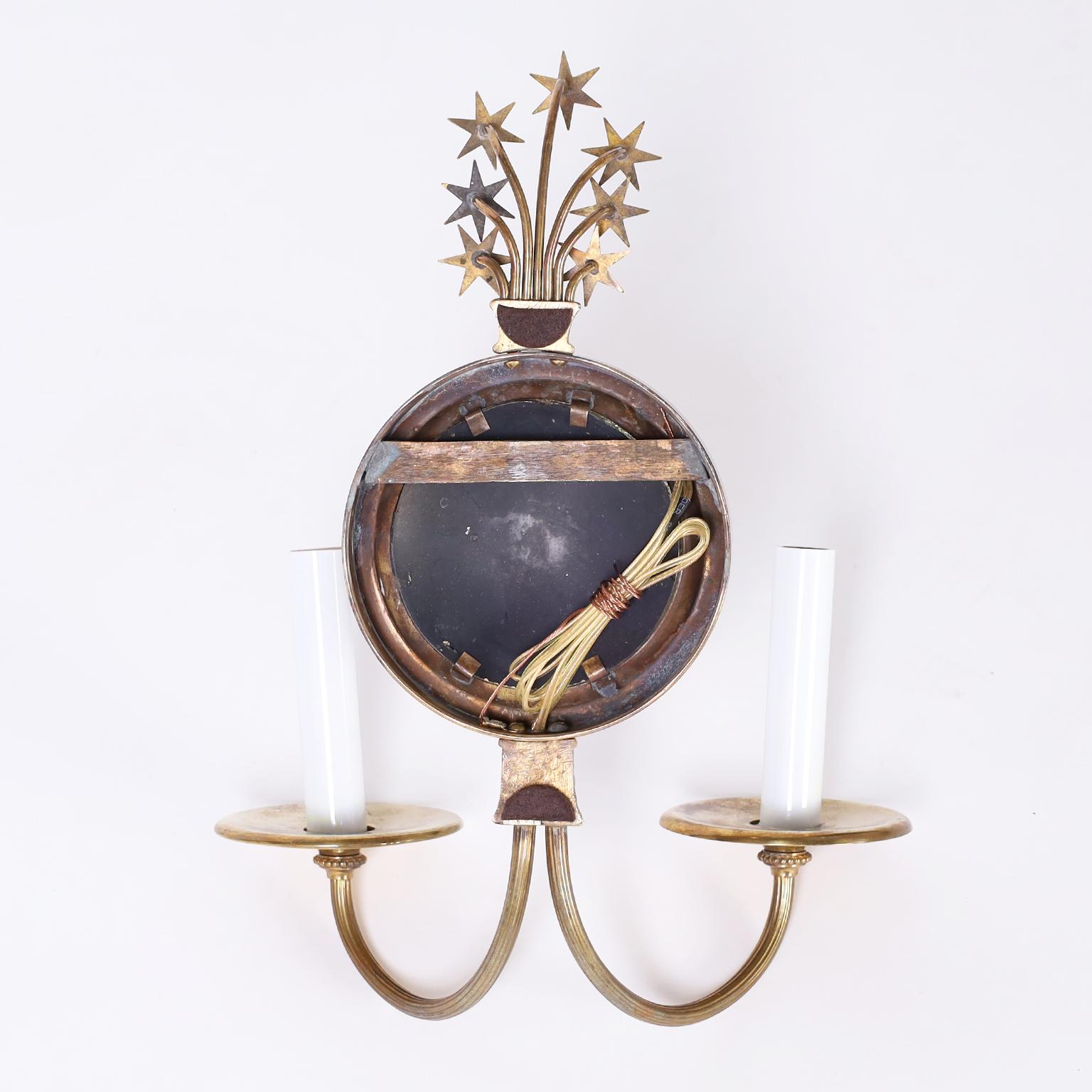 20th Century Pair of Brass & Mirrored Wall Sconces with Stars