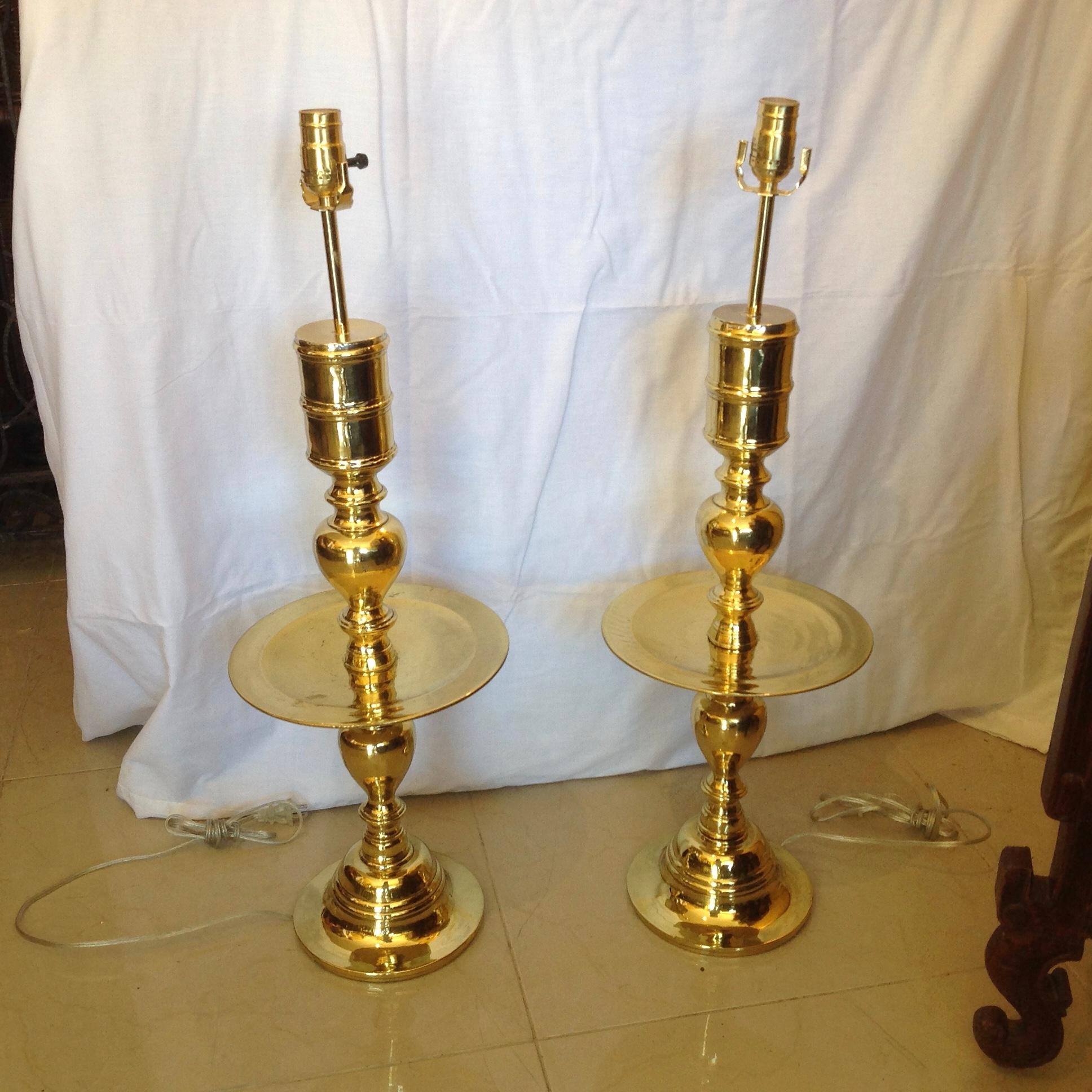 Fashioned from brass candlesticks - highly polished gleaming pair of unusual lamps.
