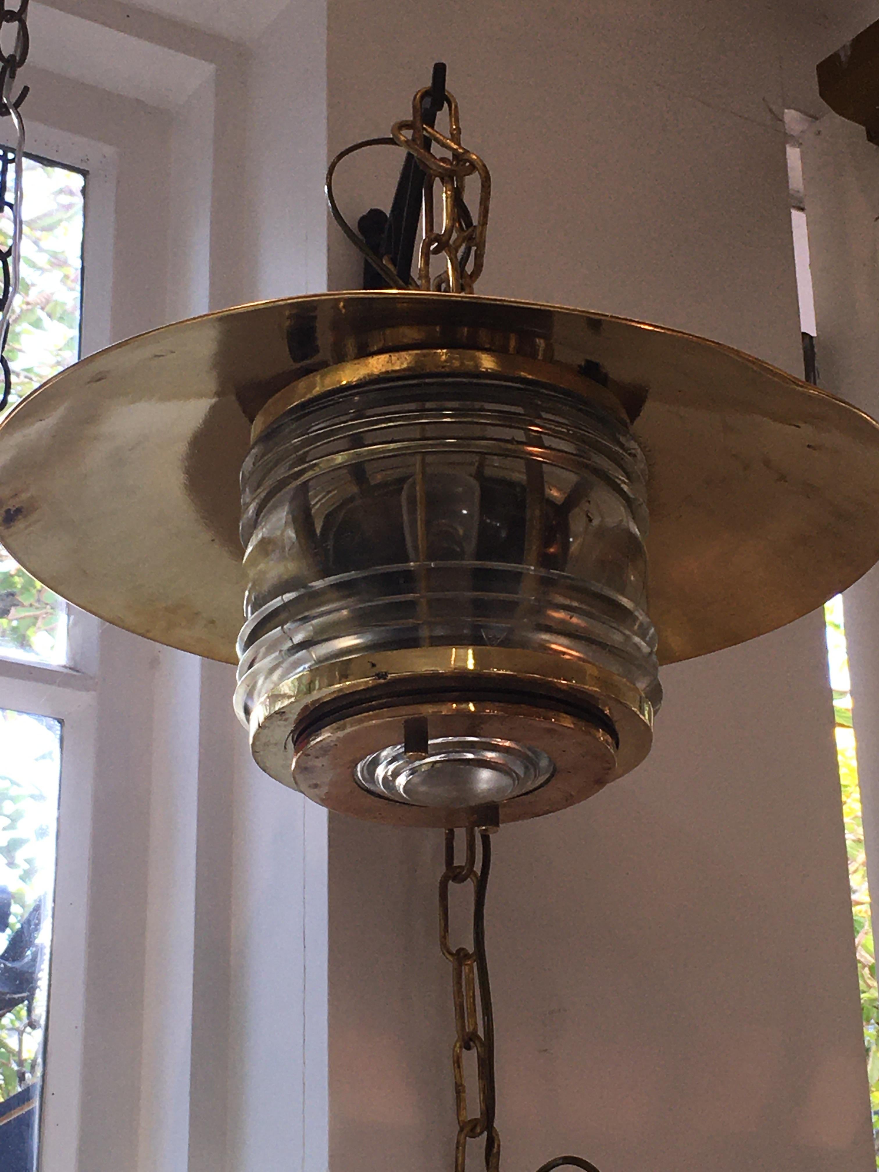 Industrial Pair of Brass Nautical Ship Pendant Lights with Fresnel Lens, circa 1970