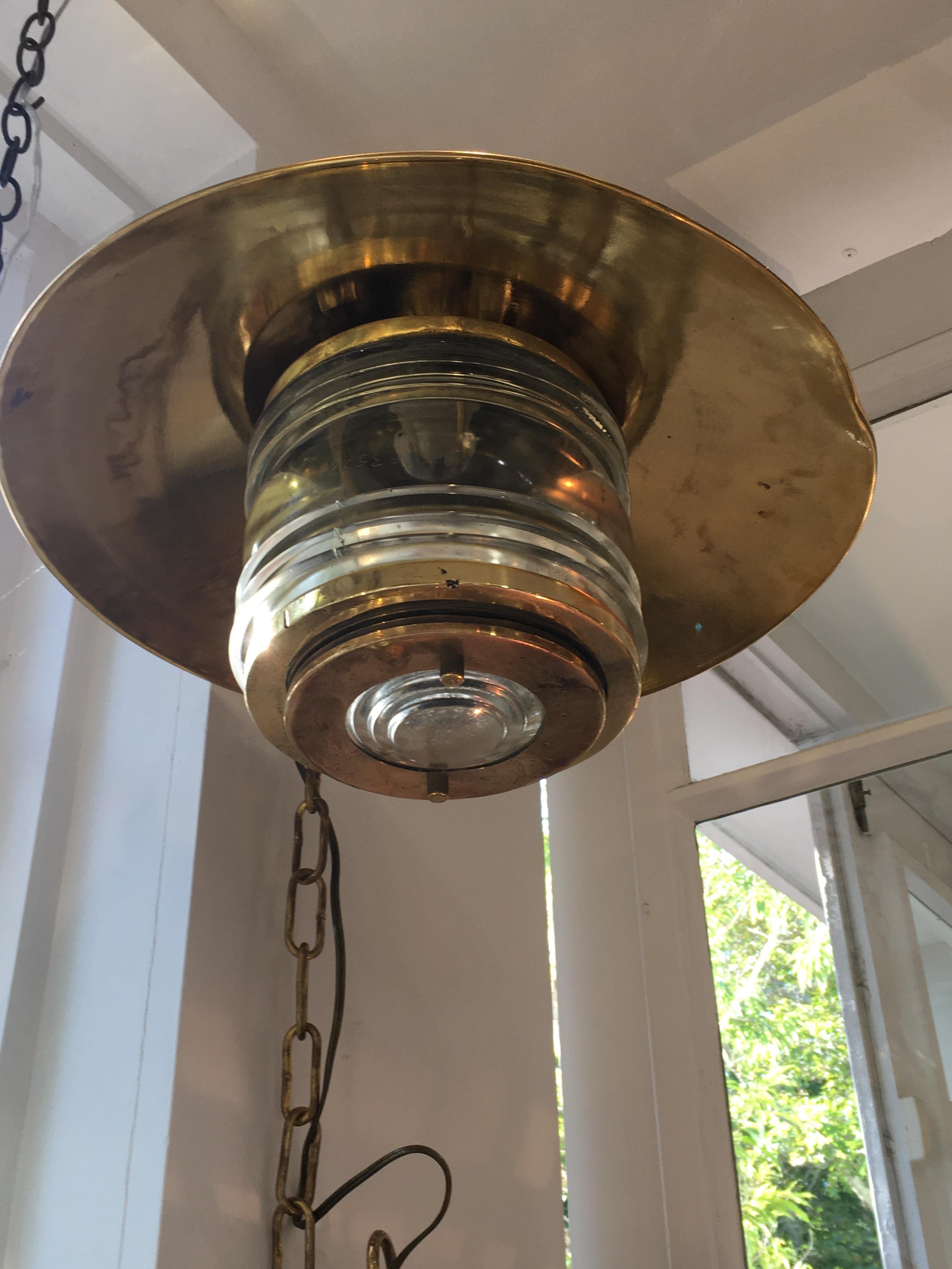 European Pair of Brass Nautical Ship Pendant Lights with Fresnel Lens, circa 1970