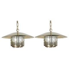 Vintage Pair of Brass Nautical Ship Pendant Lights with Fresnel Lens, circa 1970