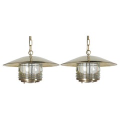 Retro Pair of Brass Nautical Ship Pendant Lights with Fresnel Lens, circa 1970