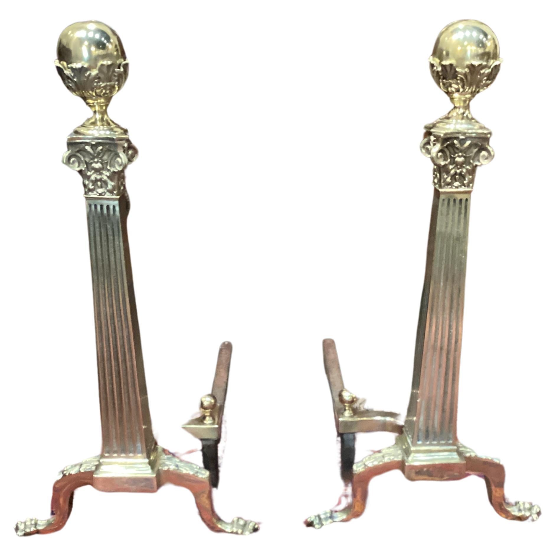 Pair of Brass Neoclassical Style Andirons  For Sale