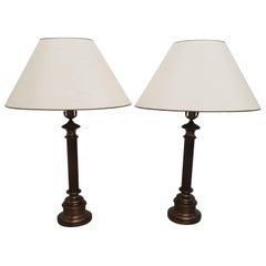 Vintage Pair of Brass Neoclassical Style Column Table Lamps with Shades, 1970s