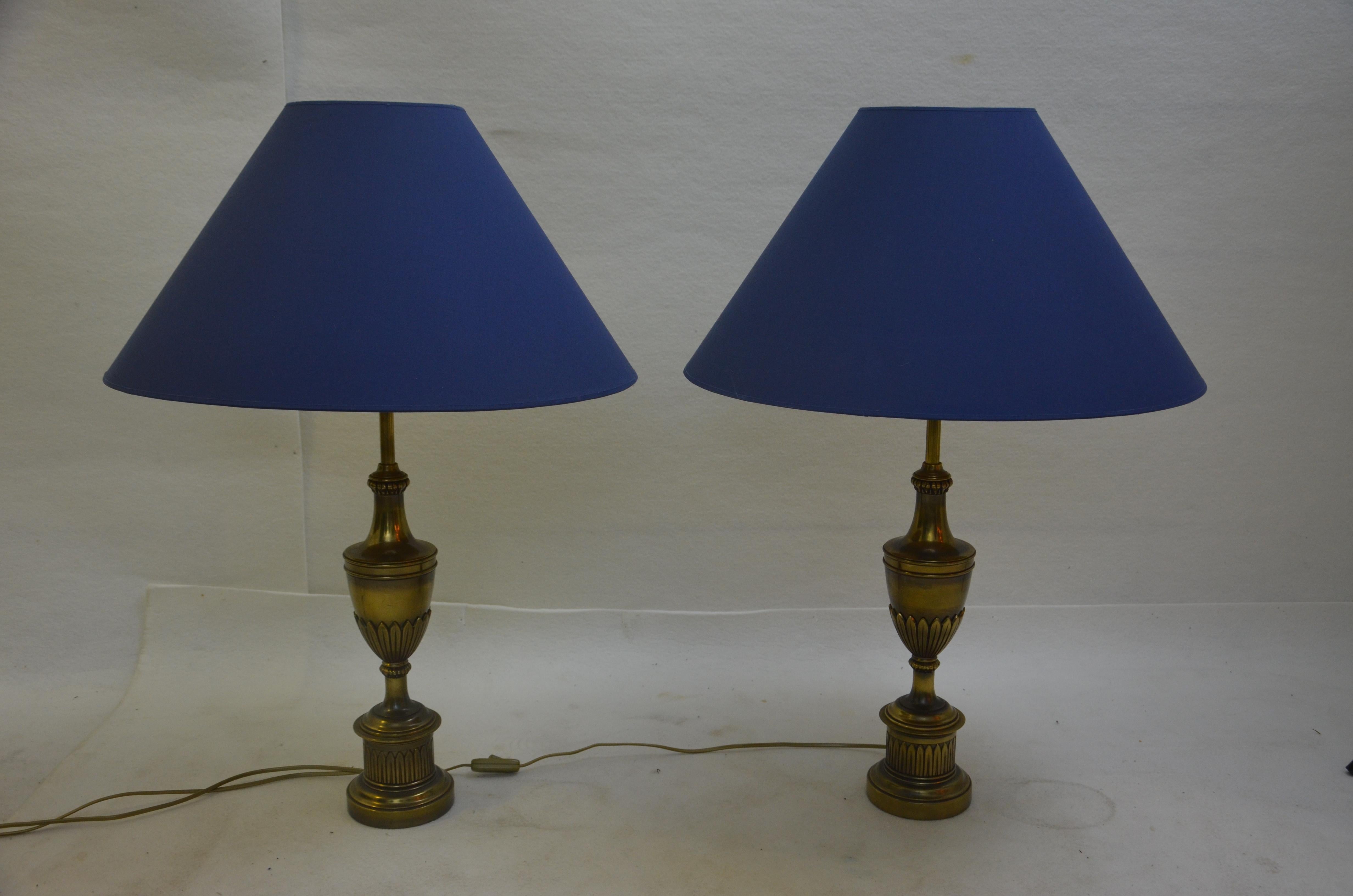 Pair of brass neoclassical style Stiffel table lamps with shades.