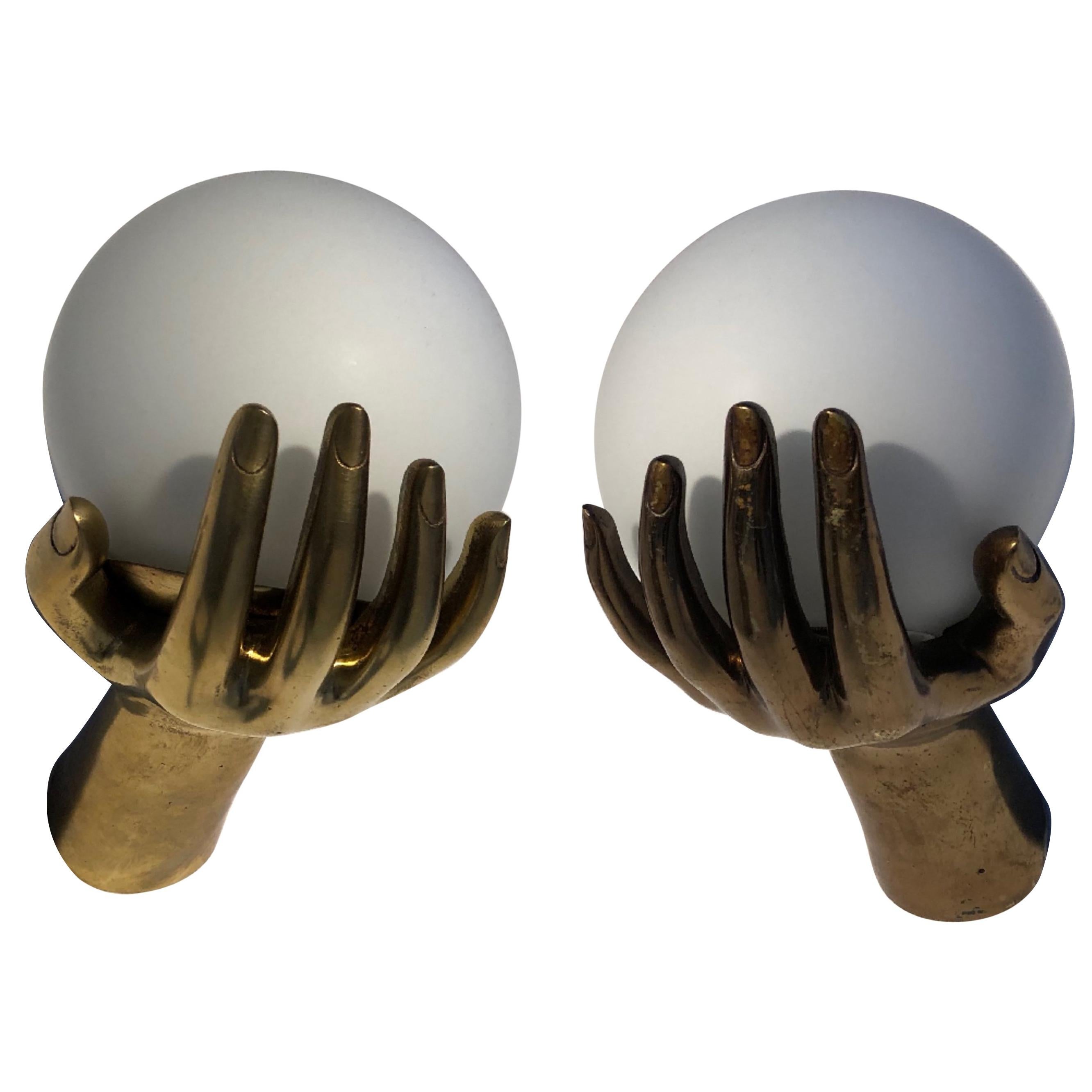 Pair of Brass & Opaline Glass '1436' Hand Appliques, Maison Arlus, 1960