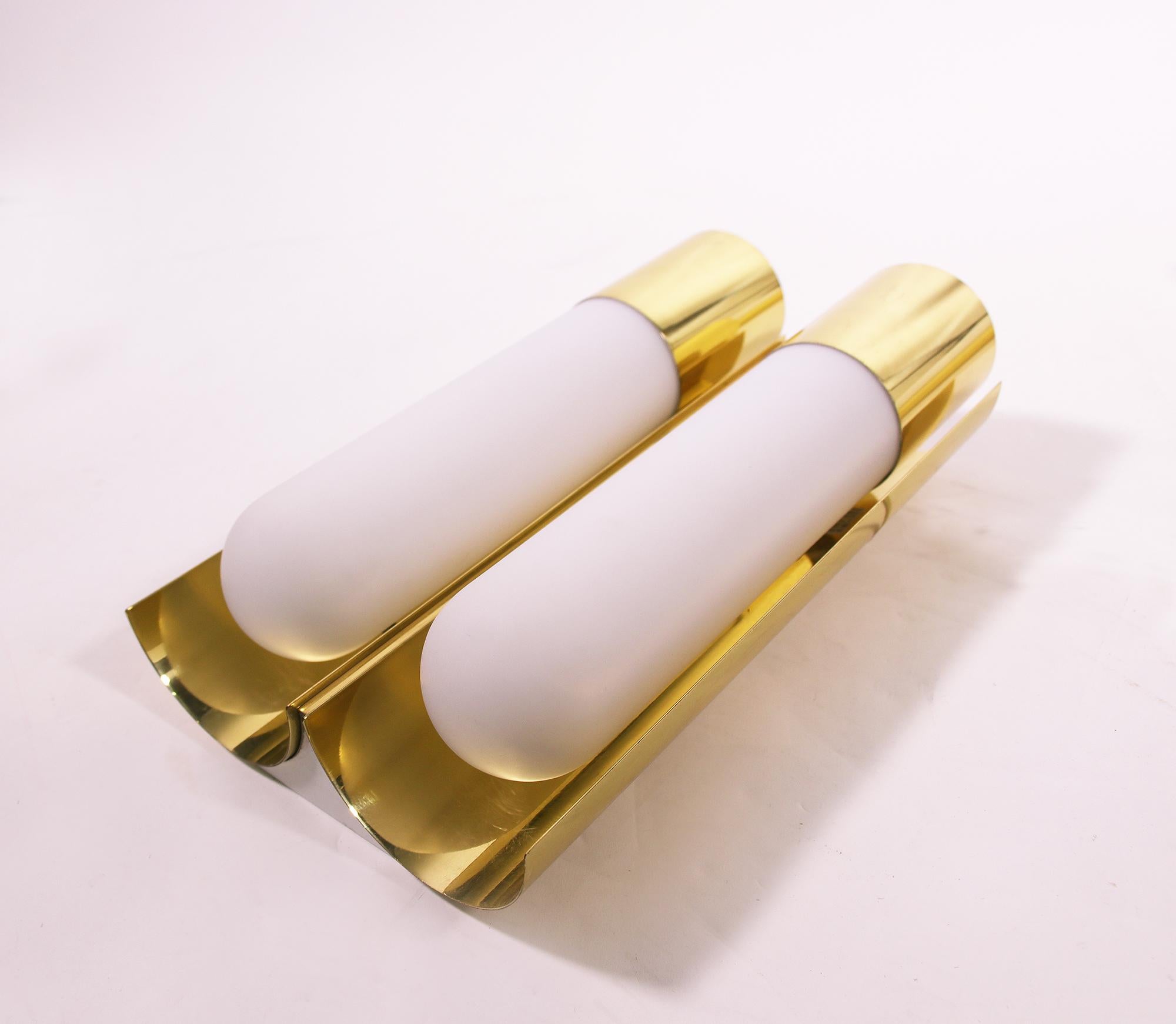 Mid-Century Modern 1 (of 3) Pair of 1970 Germany Limburg double Wall Sconces Opaline Glass & Brass For Sale