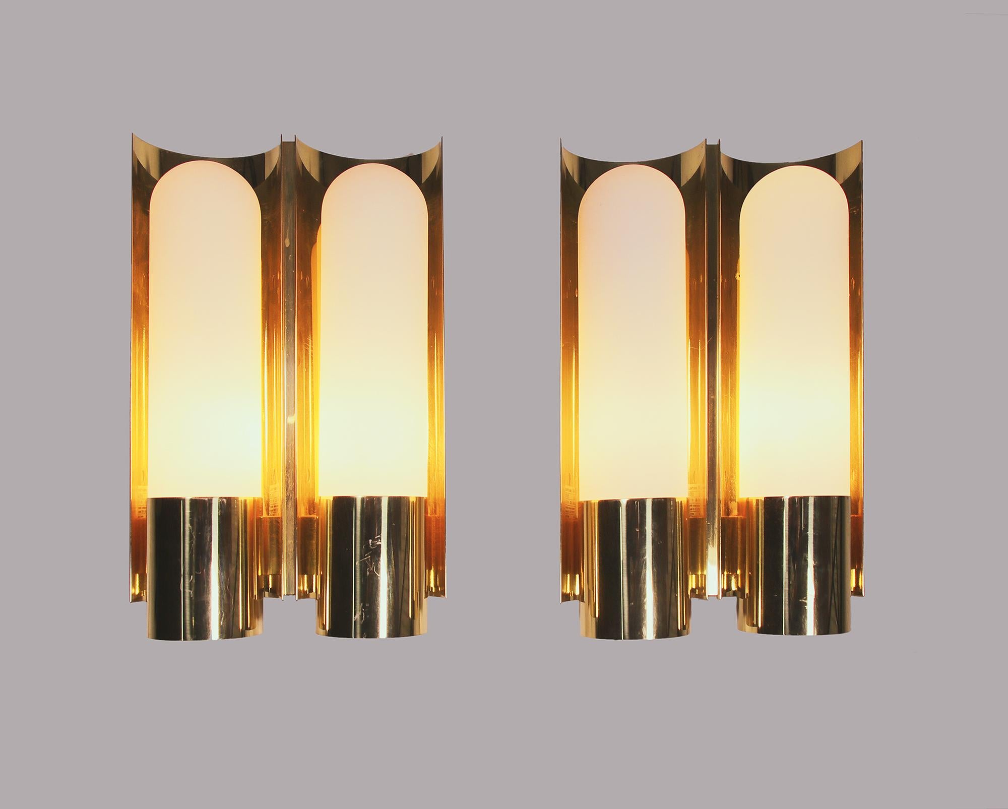 Late 20th Century 1 (of 3) Pair of 1970 Germany Limburg double Wall Sconces Opaline Glass & Brass For Sale
