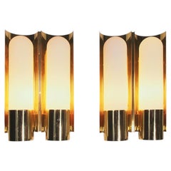 1 'of 3' Pair of 1970 Germany Limburg double Wall Sconces Opaline Glass & Brass