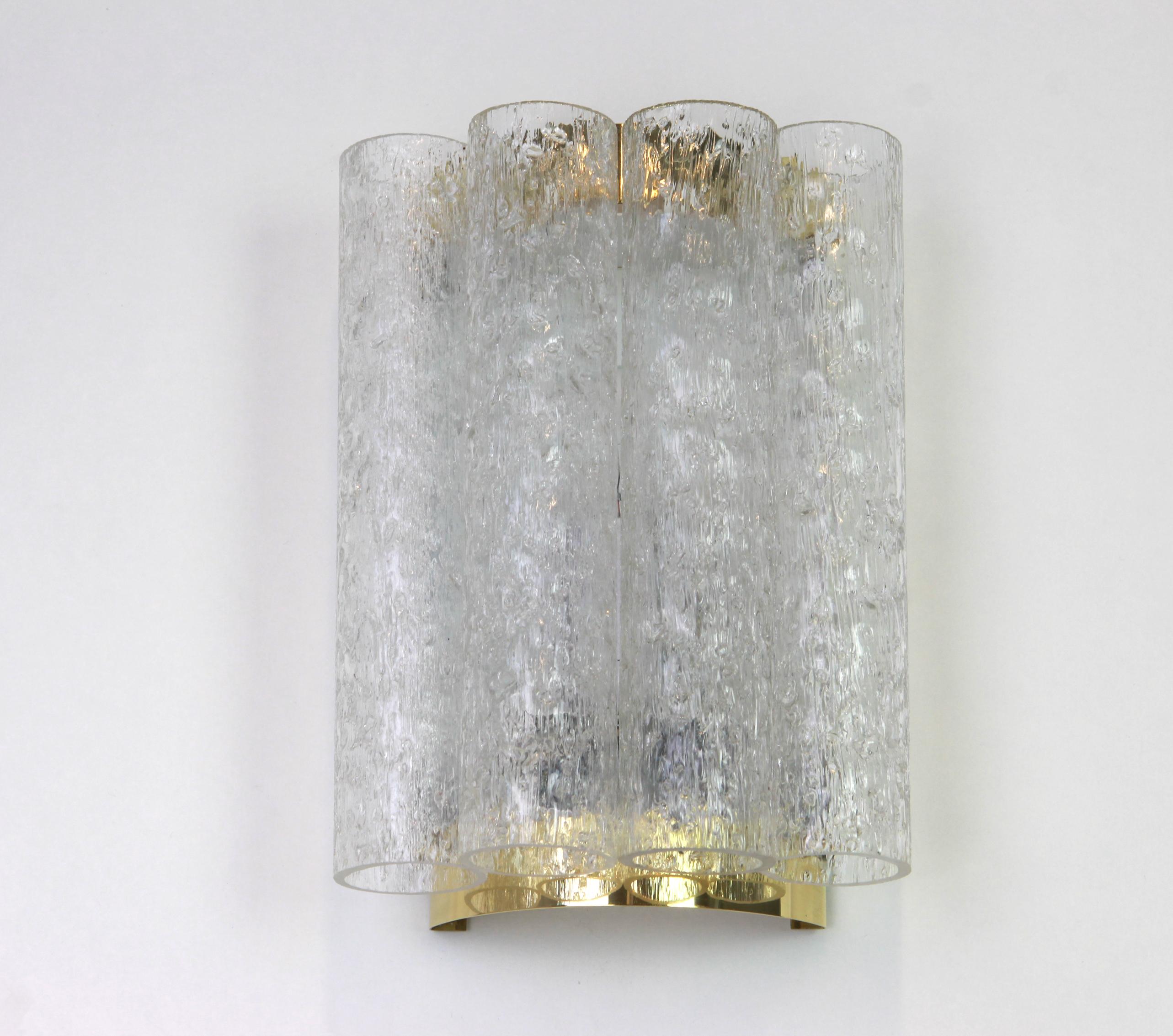 Mid-Century Modern Pair of Brass or Ice Glass Wall Sconces by Doria, Germany, 1960s