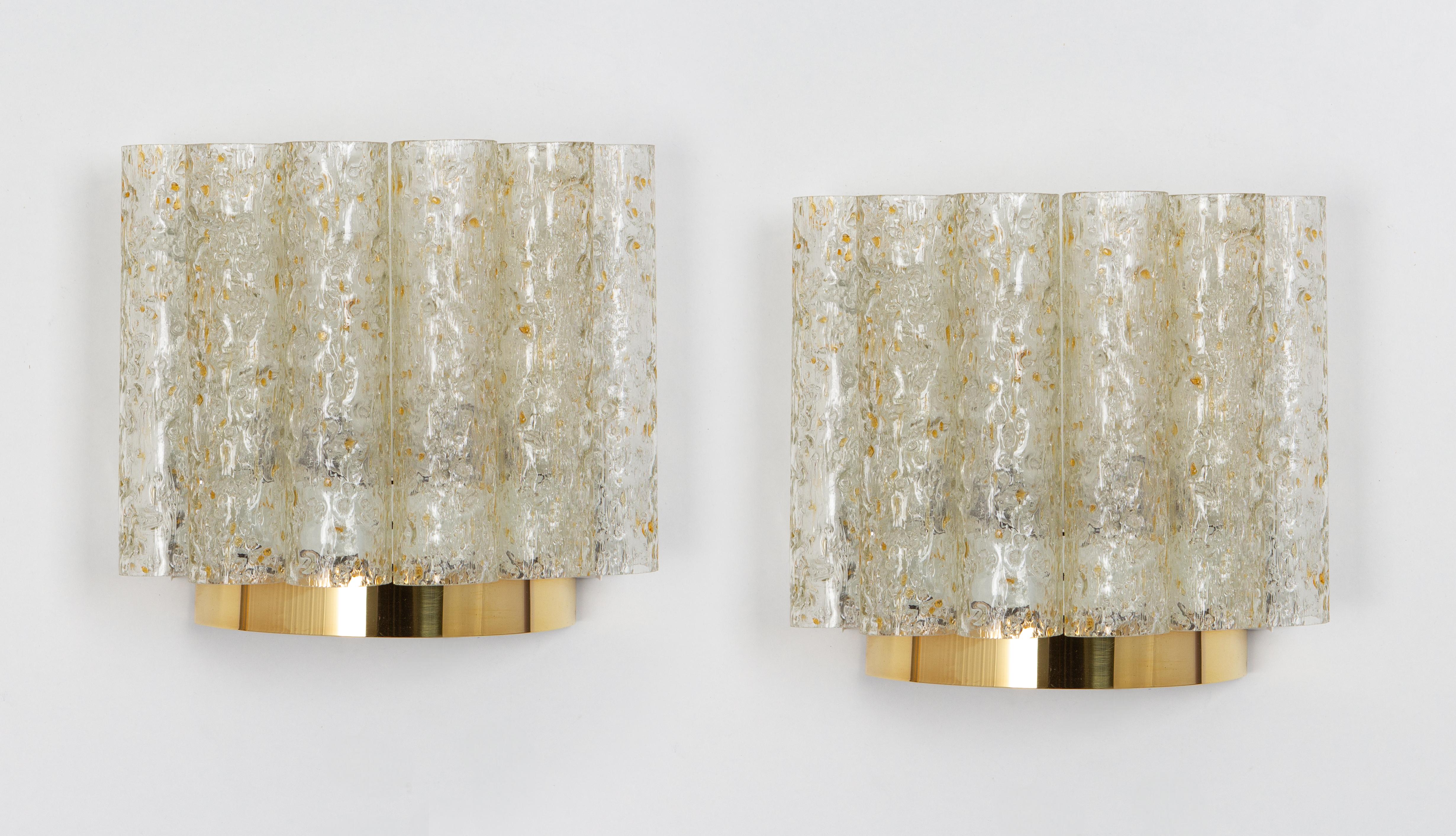 Mid-Century Modern Pair of Brass or Ice Glass Wall Sconces by Doria, Germany, 1960s For Sale