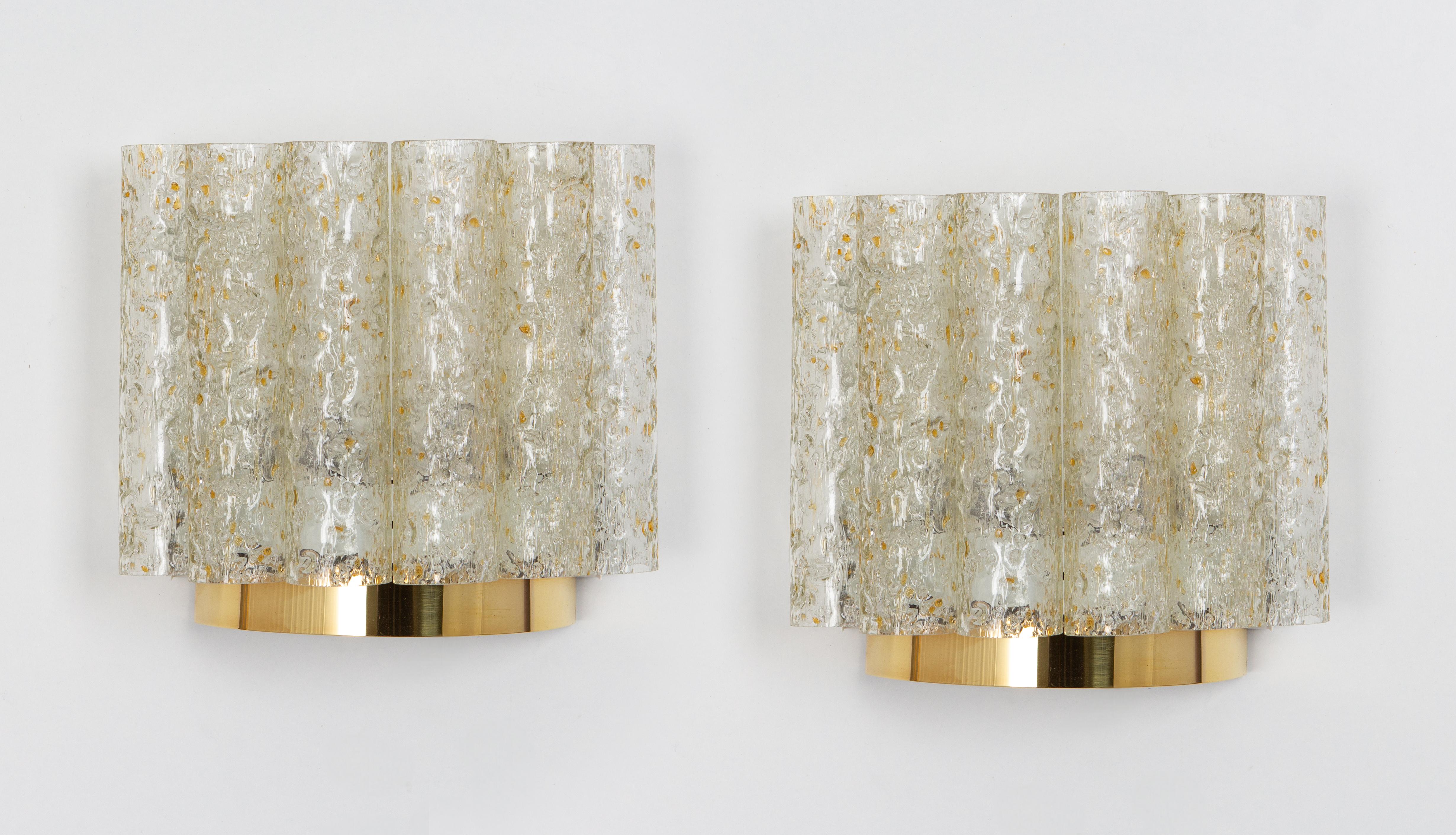 Mid-Century Modern 1 of 4 Brass Ice Glass Wall Sconces by Doria, Germany, 1960s For Sale