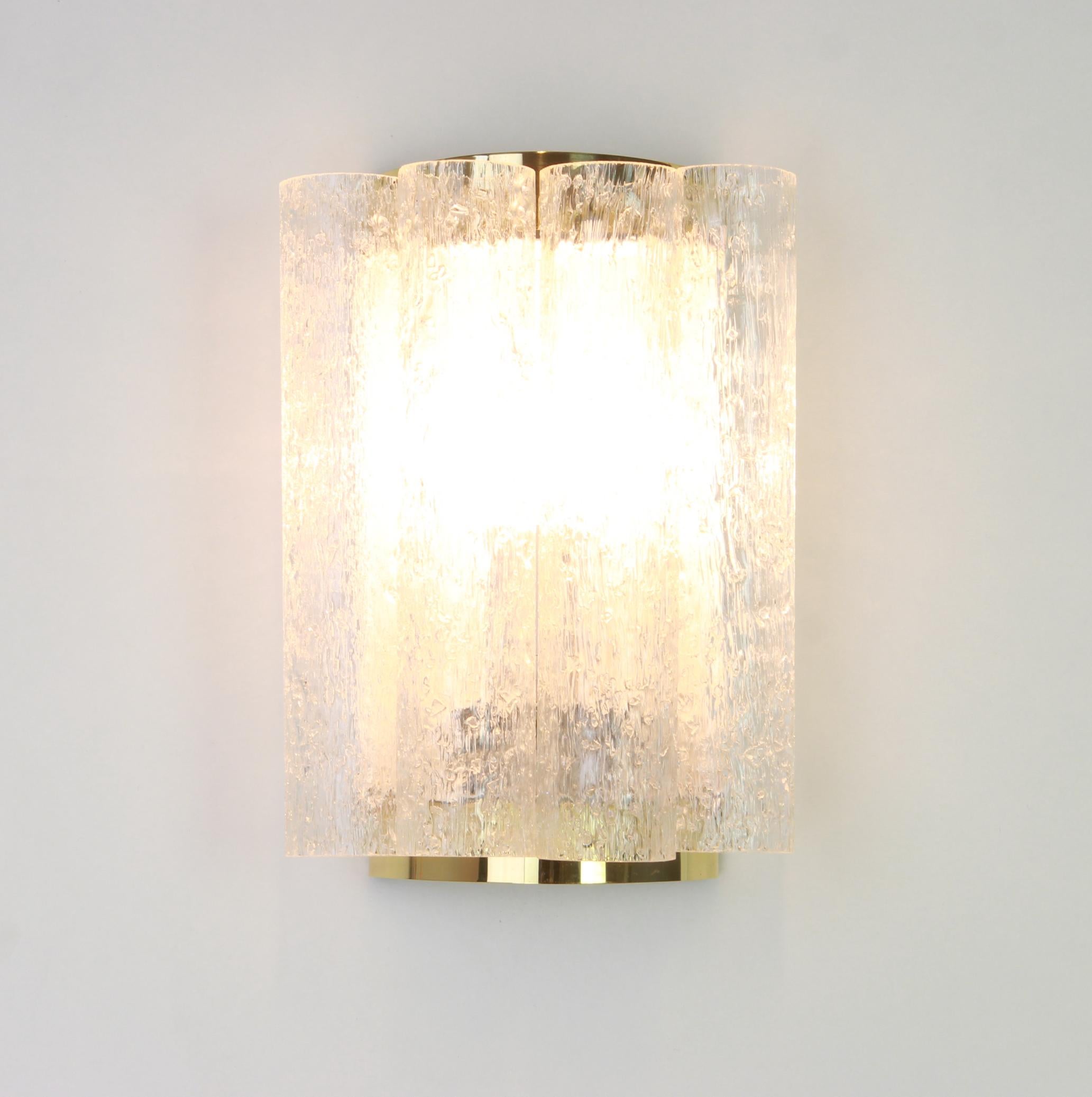 Pair of Brass or Ice Glass Wall Sconces by Doria, Germany, 1960s In Good Condition In Aachen, NRW