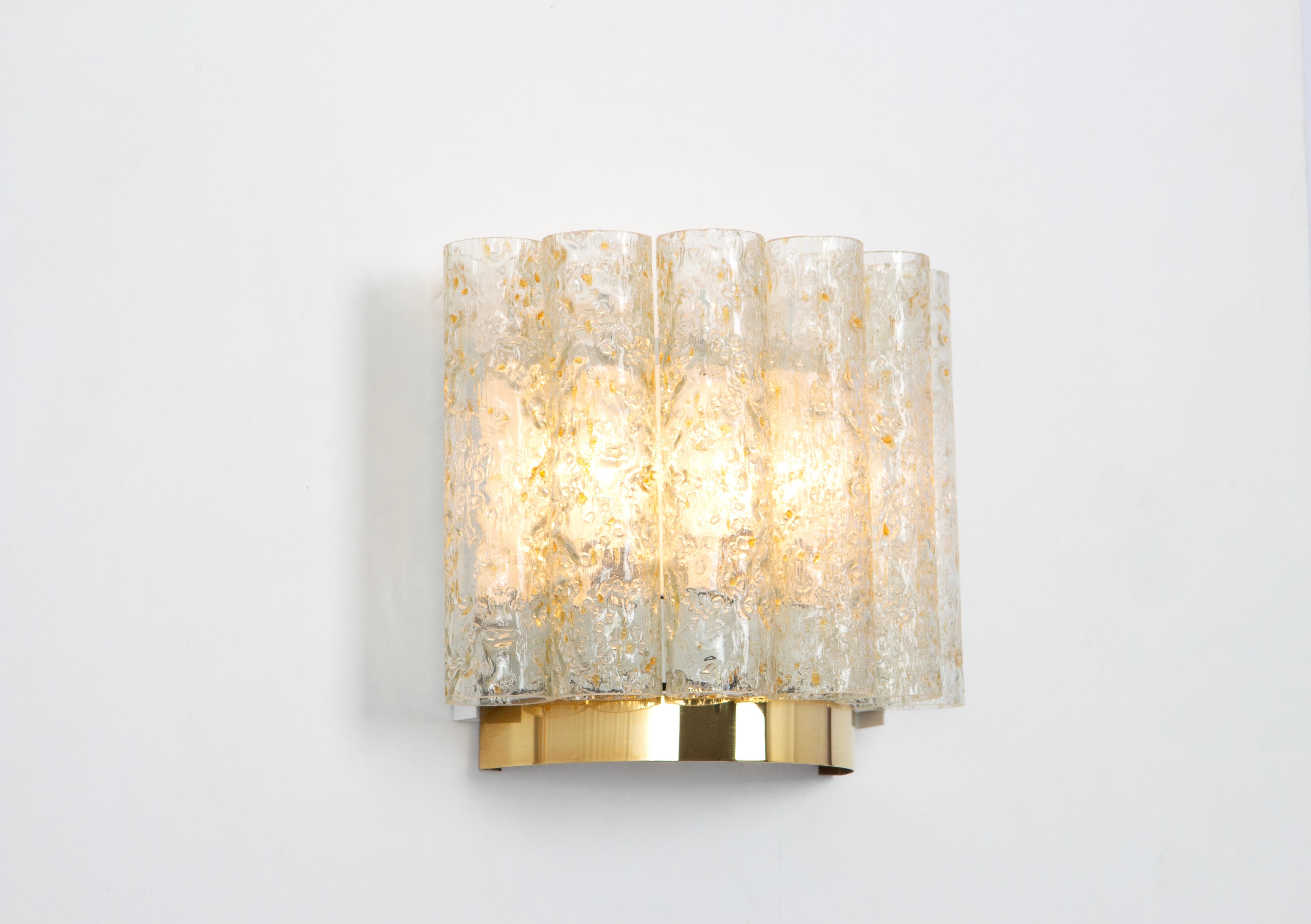 Murano Glass Pair of Brass or Ice Glass Wall Sconces by Doria, Germany, 1960s For Sale