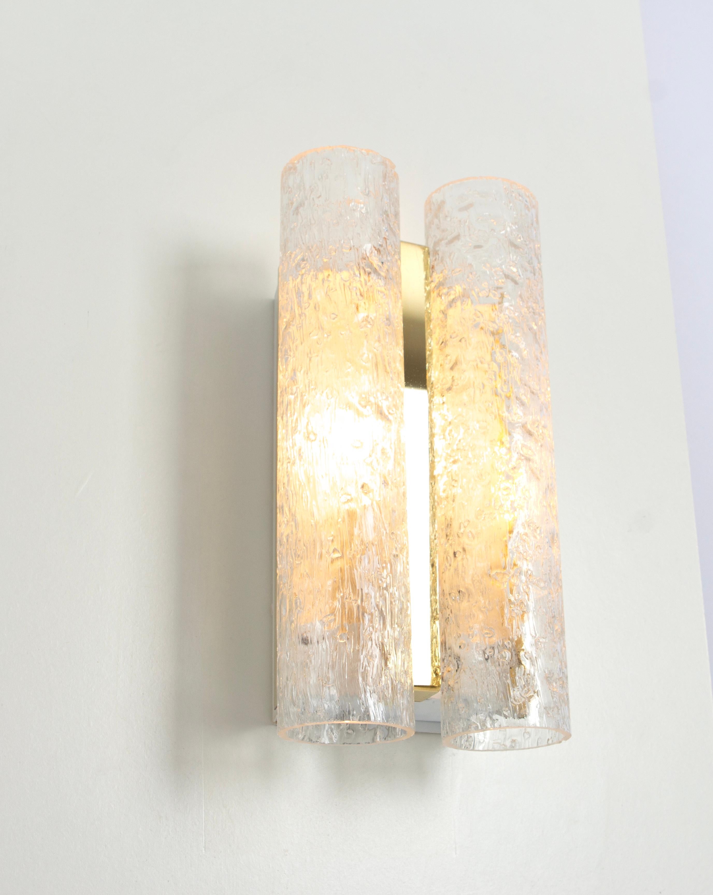 Murano Glass Pair of Brass or Ice Glass Wall Sconces by Doria, Germany, 1960s For Sale