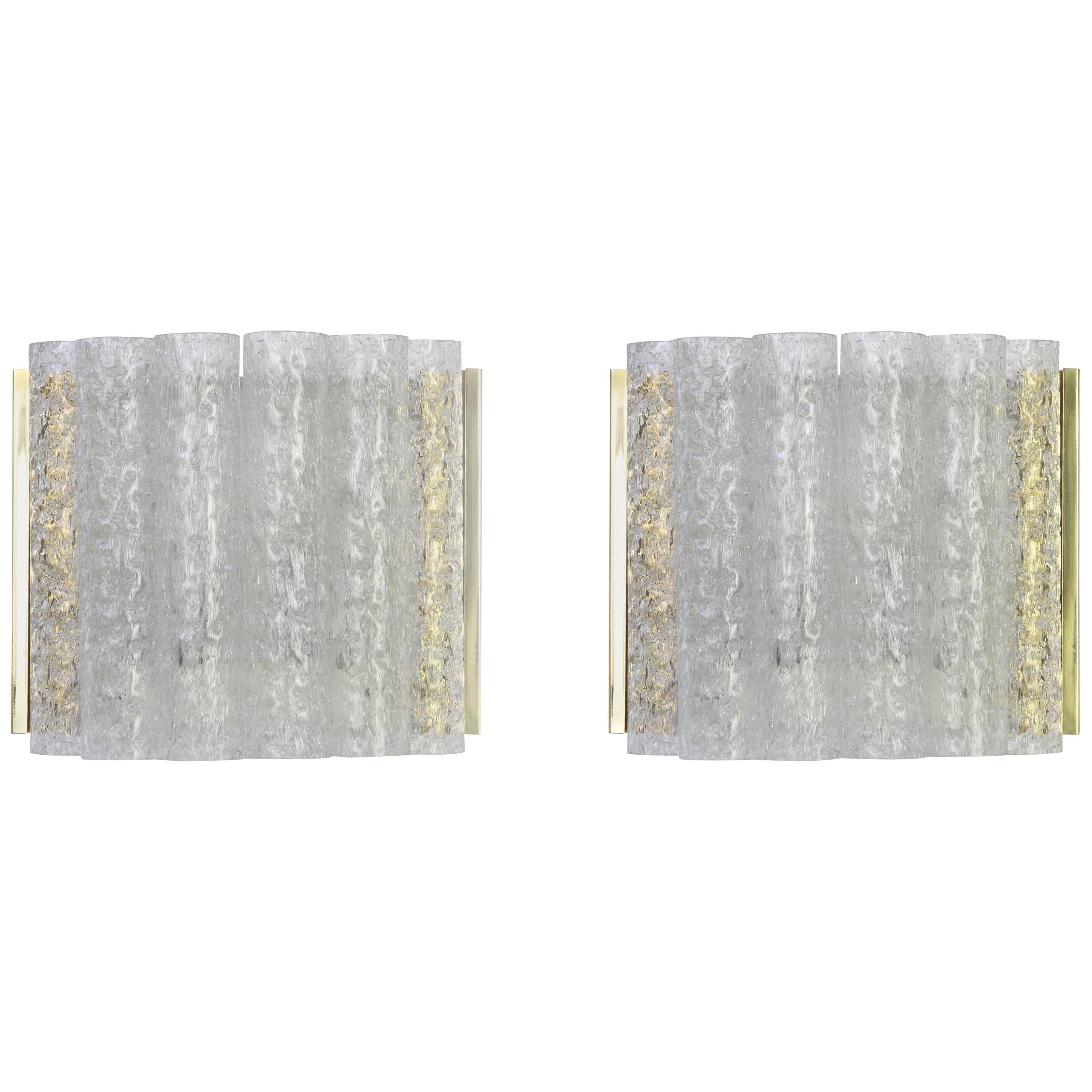 Pair of Brass or Ice Glass Wall Sconces by Doria, Germany, 1960s For Sale