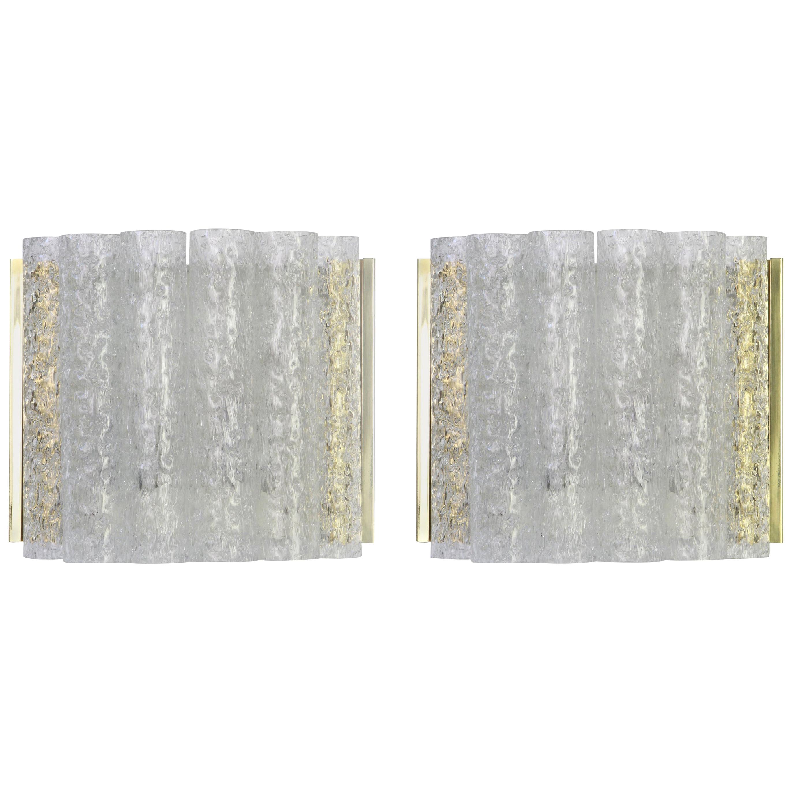Pair of Brass or Ice Glass Wall Sconces by Doria, Germany, 1960s For Sale