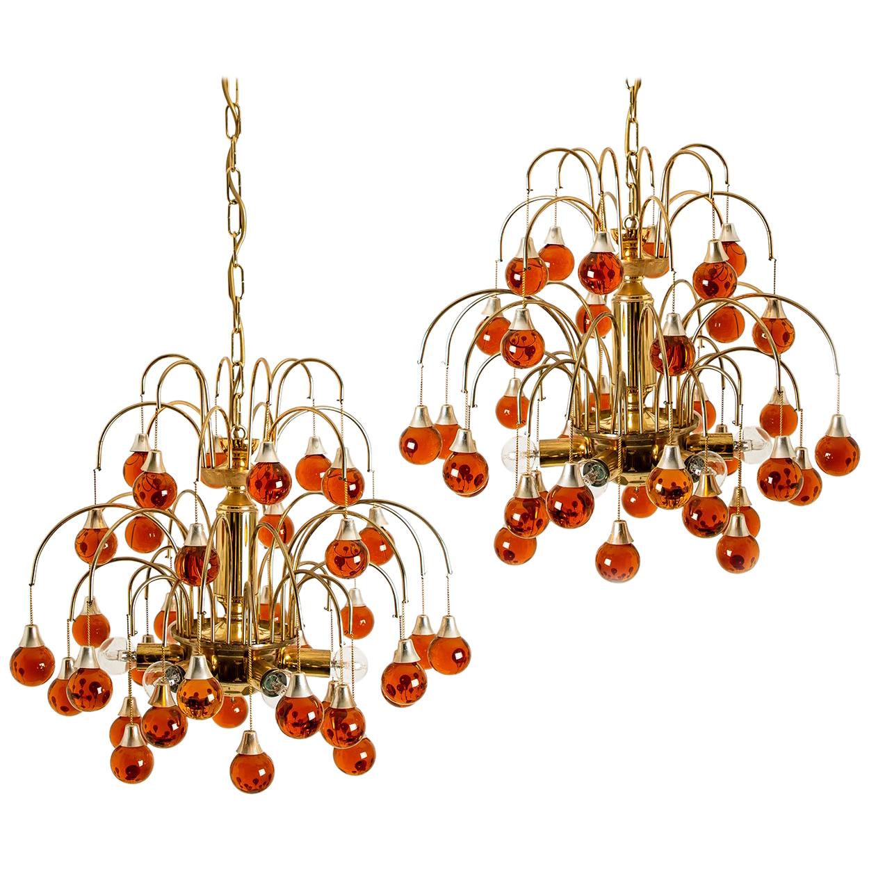 Pair of Brass Orange and Red Four Tiers Murano Chandeliers, 1970s