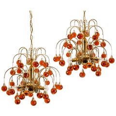 Pair of Brass Orange and Red Four Tiers Murano Chandeliers, 1970s