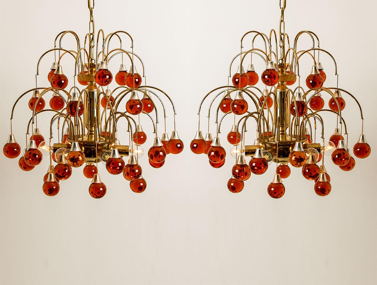 Pair of Brass Orange and Red Four Tiers Murano Chandeliers, 1970s 4