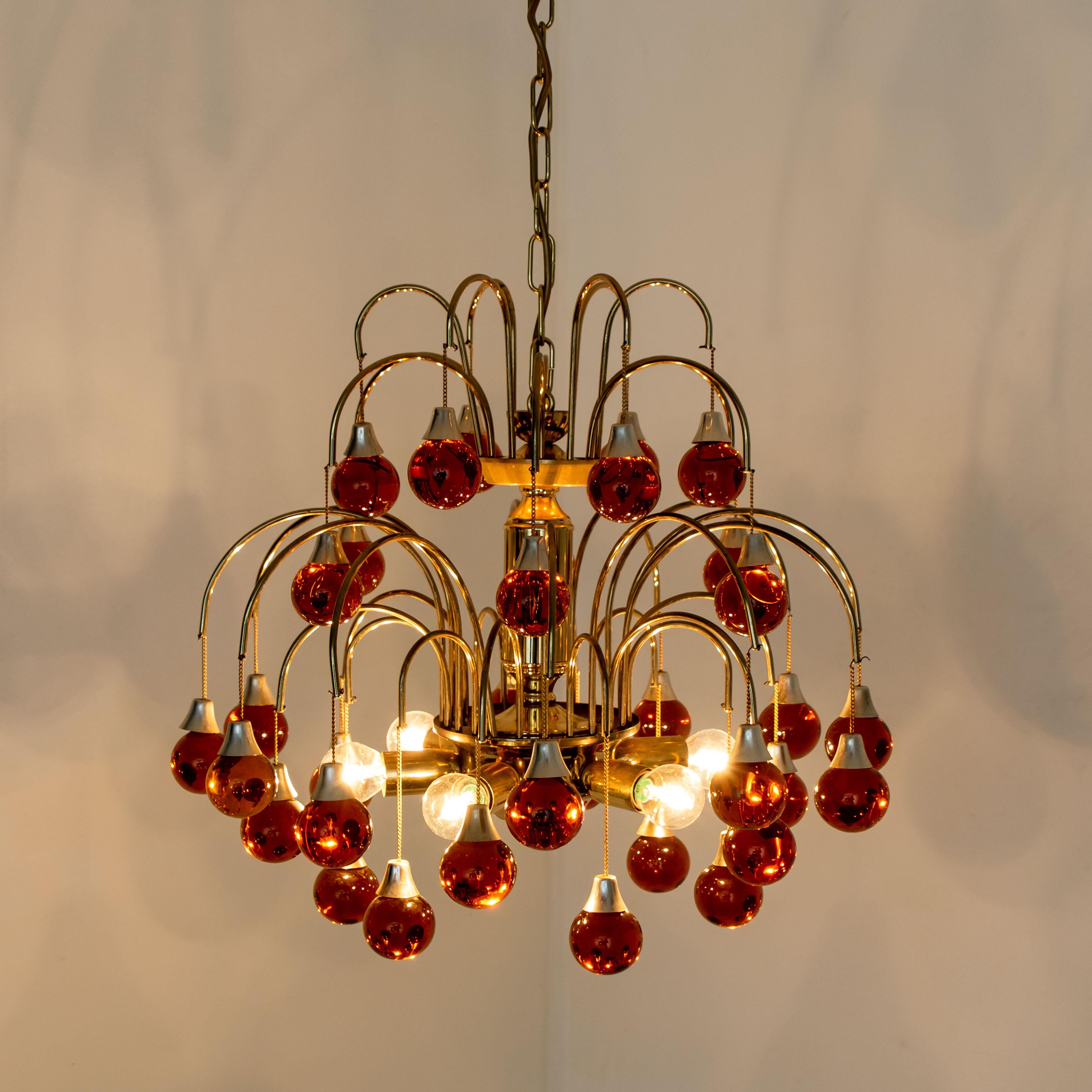 Pair of Brass Orange and Red Four Tiers Murano Chandeliers, 1970s 5