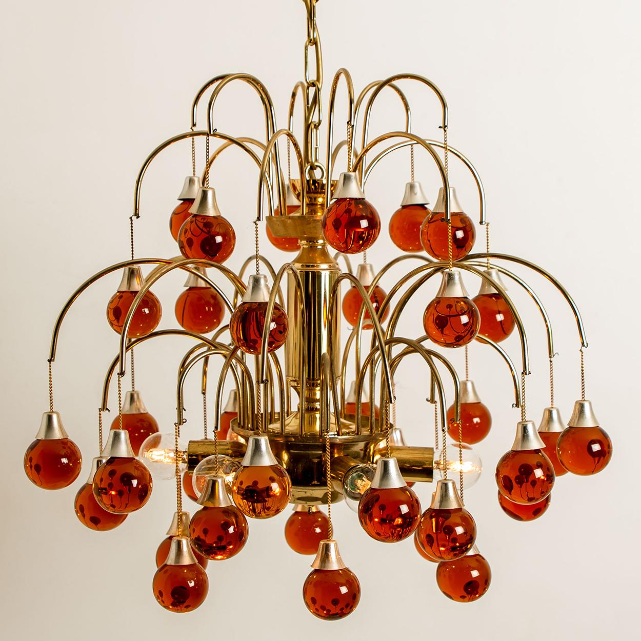 Pair of Brass Orange and Red Four Tiers Murano Chandeliers, 1970s 6