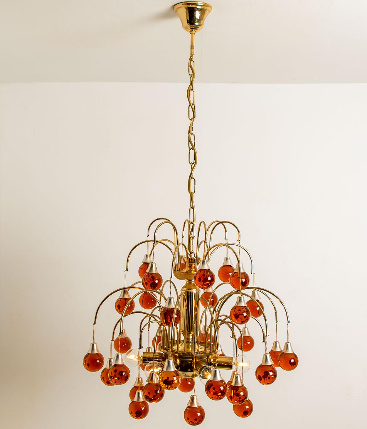 Pair of Brass Orange and Red Four Tiers Murano Chandeliers, 1970s 9